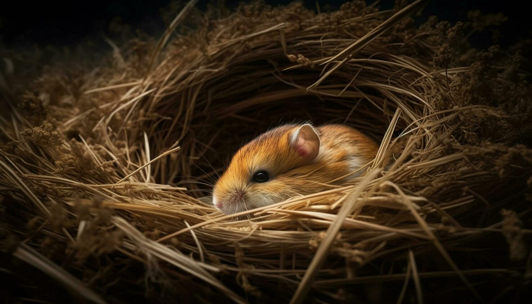 Fluffy mammal nestles in hay, new life generated by AI photo
