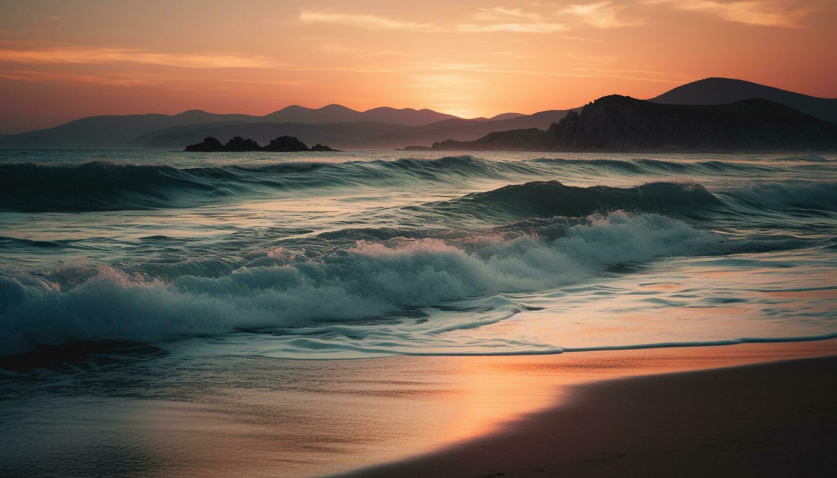 Sunrise over tranquil waters, nature beauty revealed generated by AI photo