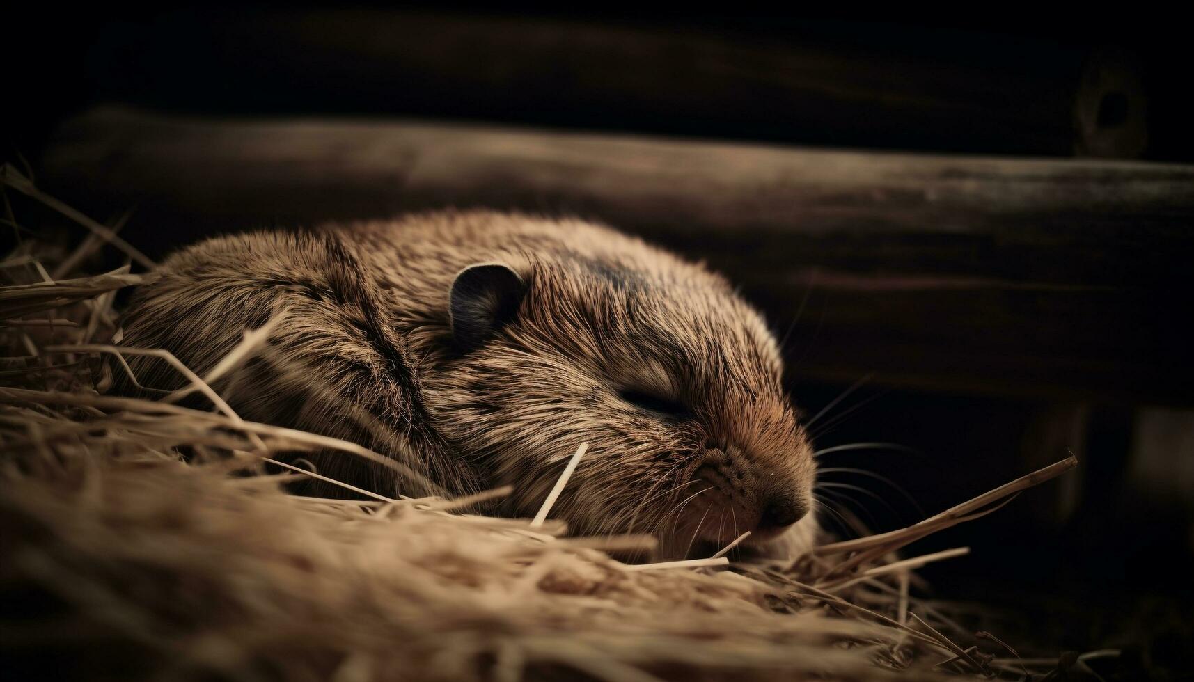 Fluffy rodent lying in hay, looking cute generated by AI photo