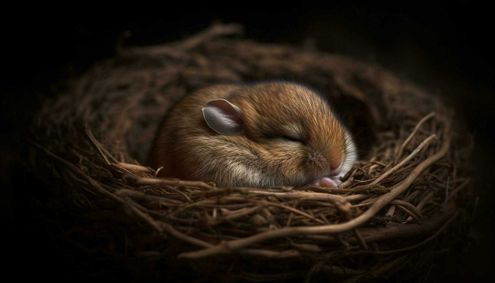 Fluffy baby rabbit looking at hay pile generated by AI photo