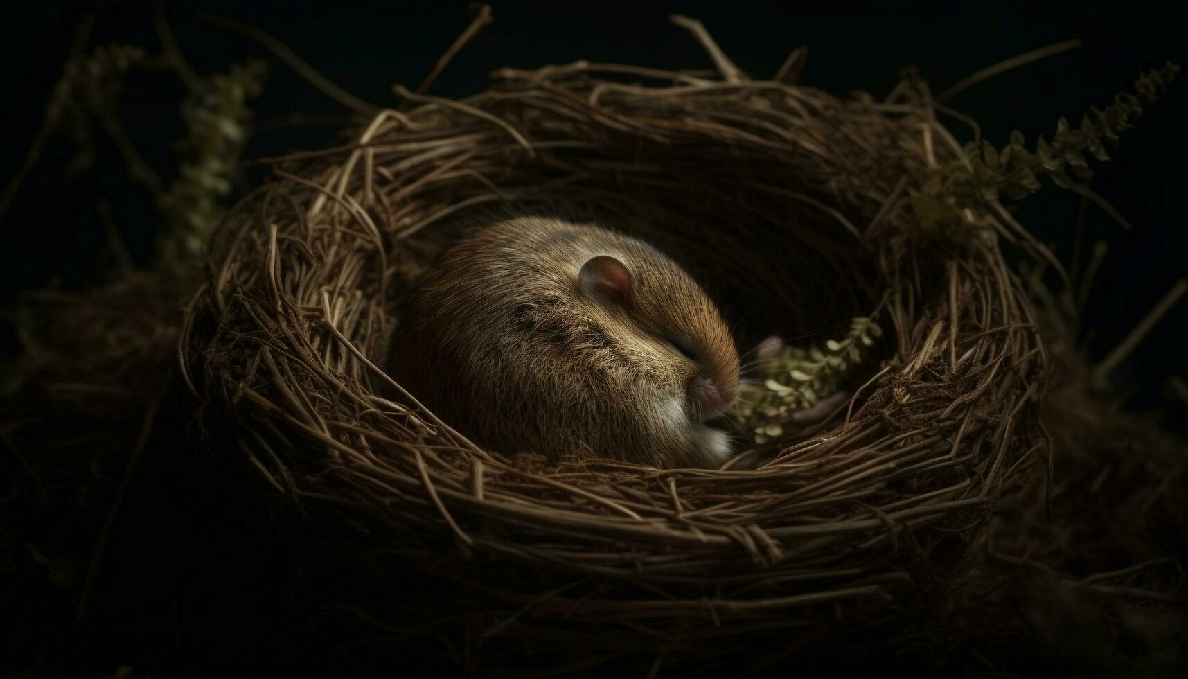 Fluffy newborn rodent hatching in birds nest generated by AI photo