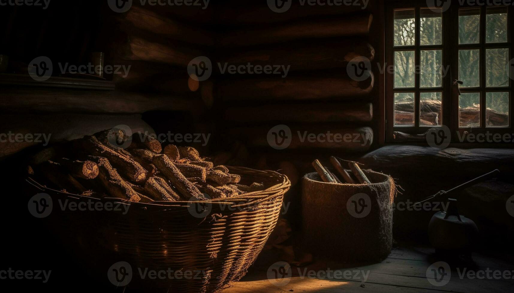 Rustic firewood oven heats homemade meals indoors generated by AI photo
