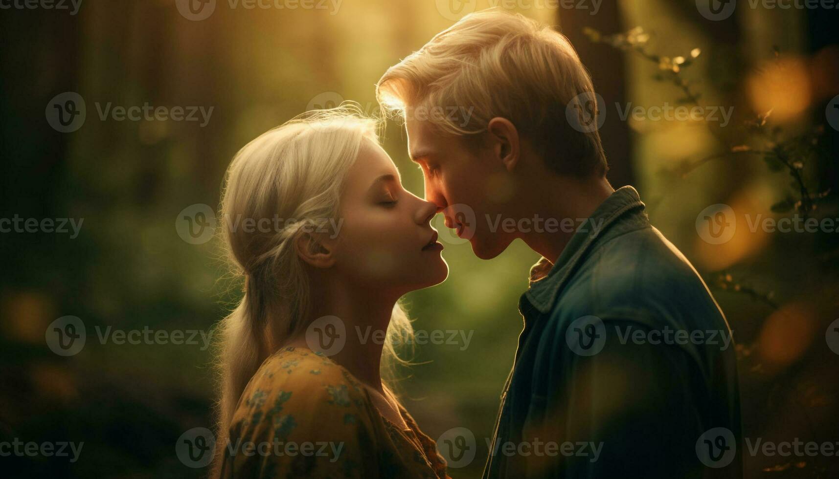 Smiling couple embraces in nature, enjoying love generated by AI photo