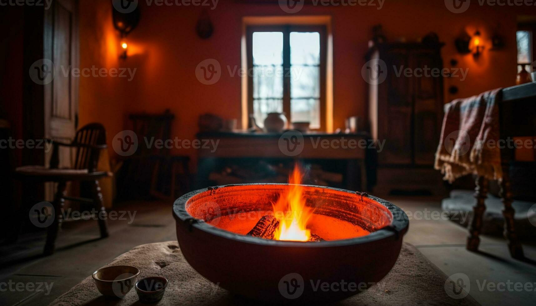 Glowing firewood burning in old fashioned pottery oven generated by AI photo