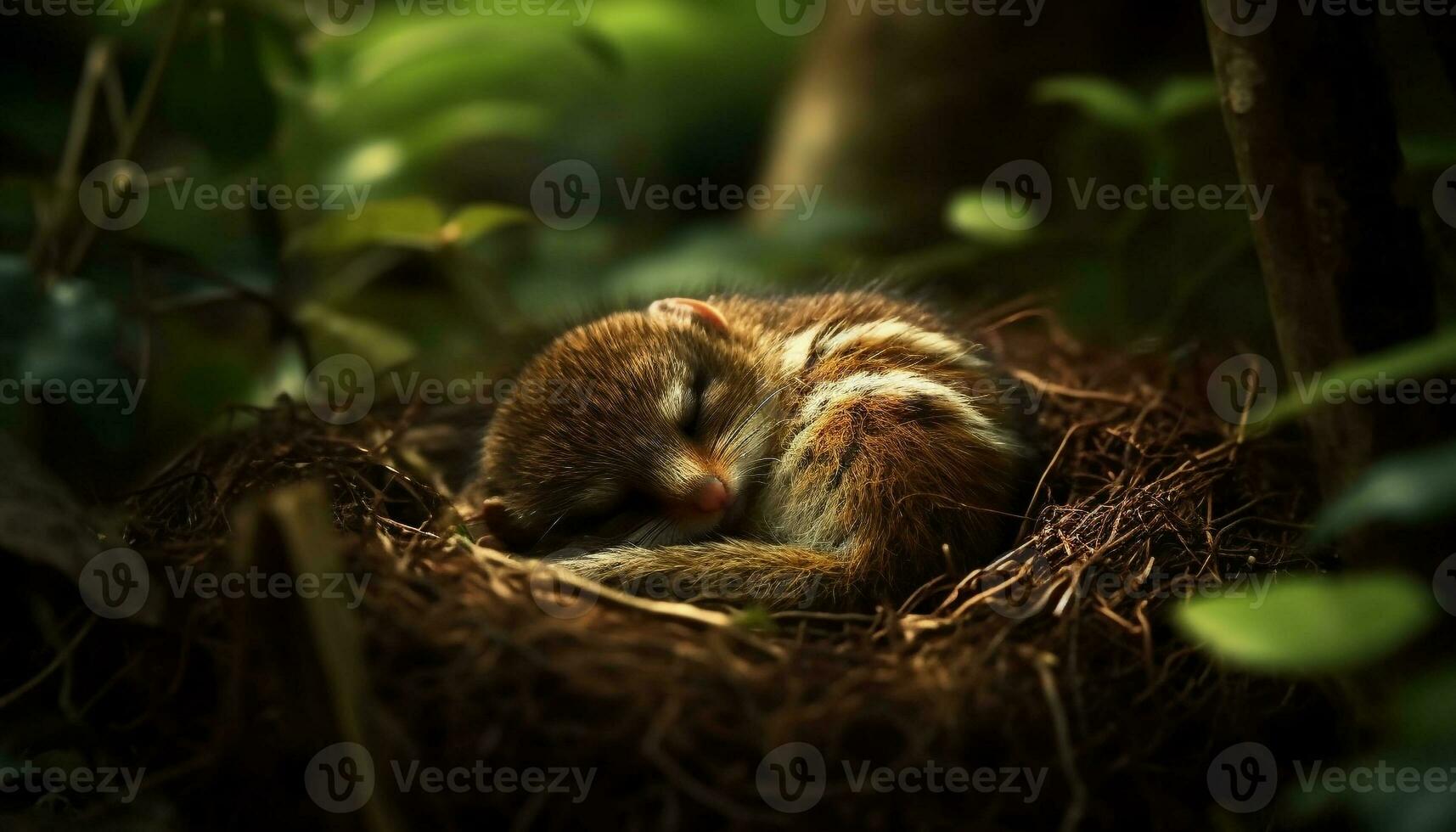 Fluffy kitten sleeping on tree branch peacefully generated by AI photo