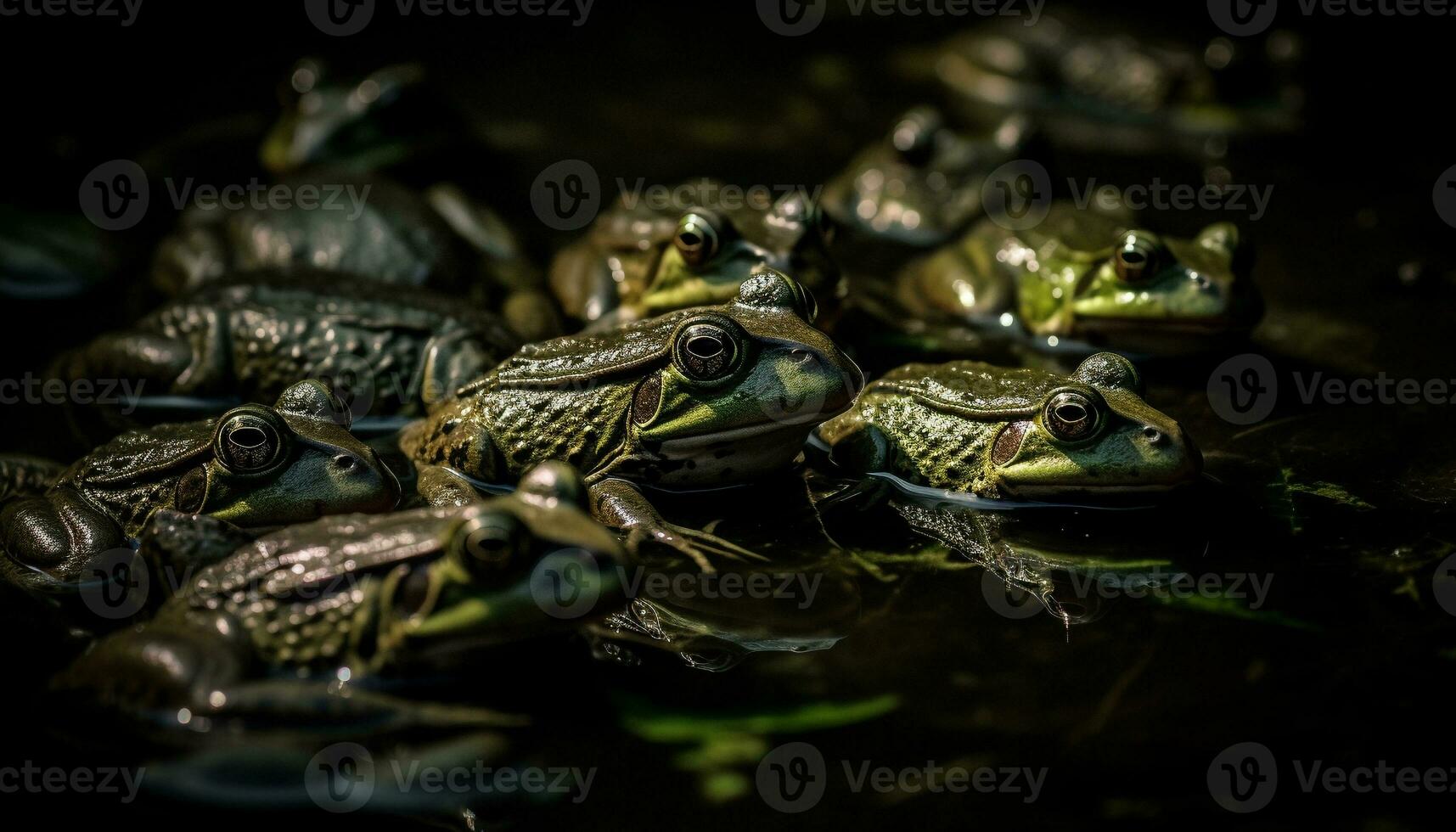 Slimy bullfrog sitting in wet green swamp generated by AI photo