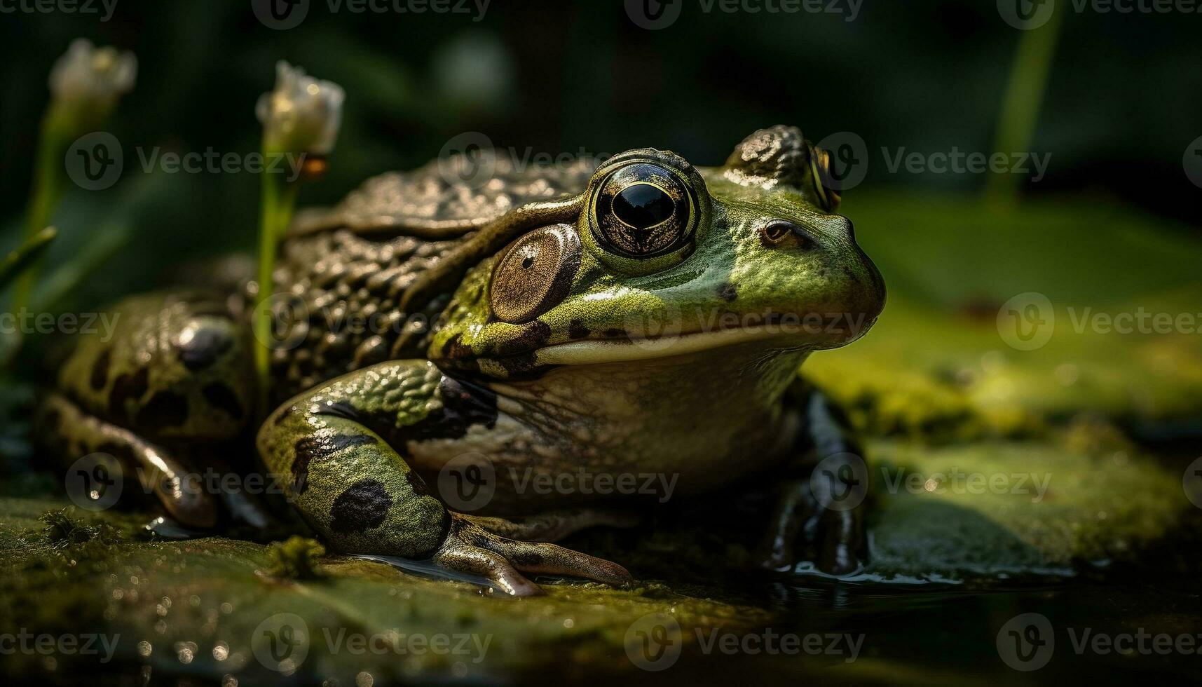 Slimy toad sitting on wet green leaf generated by AI photo