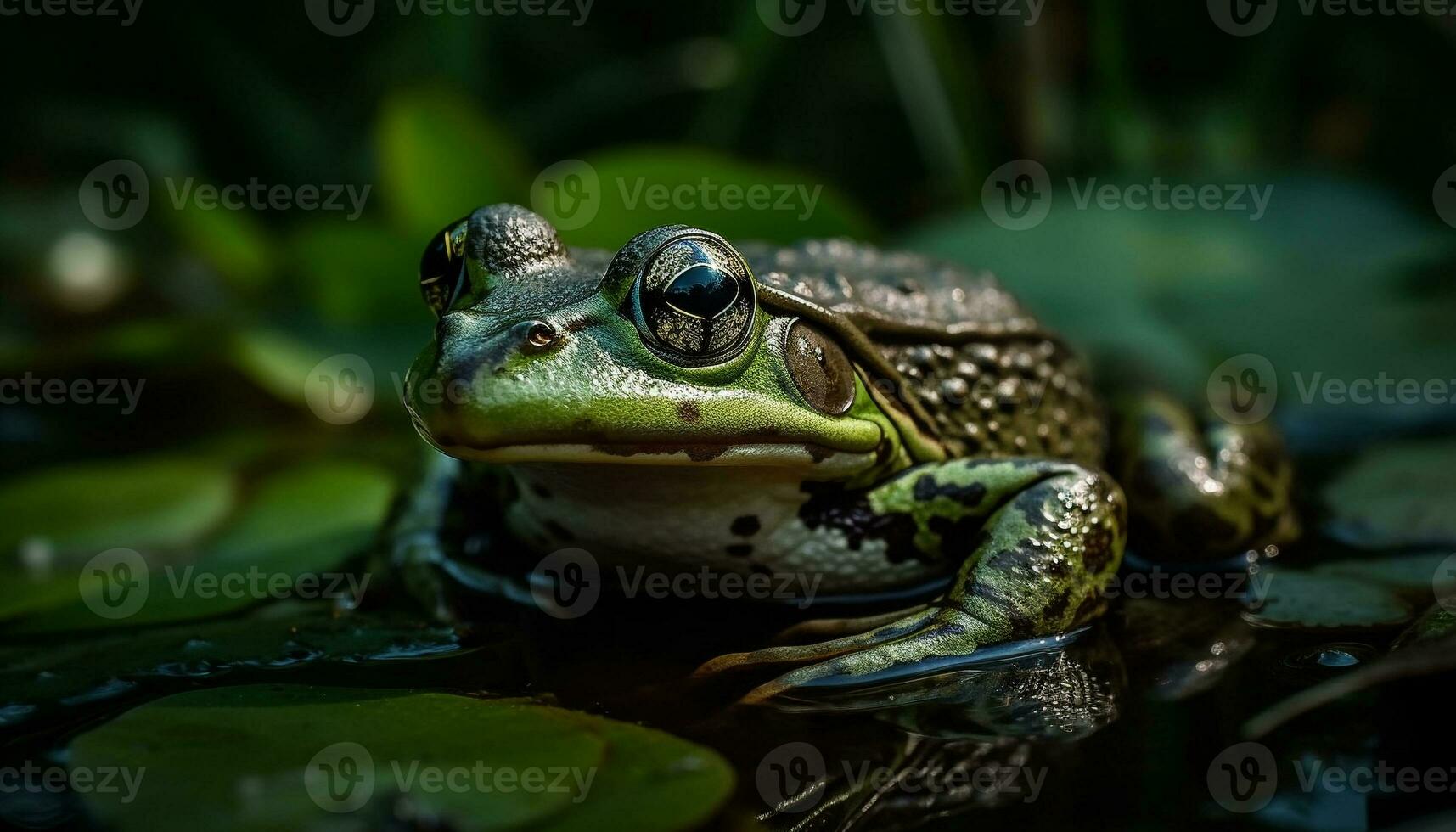 Green toad sitting on wet leaf, looking generated by AI photo