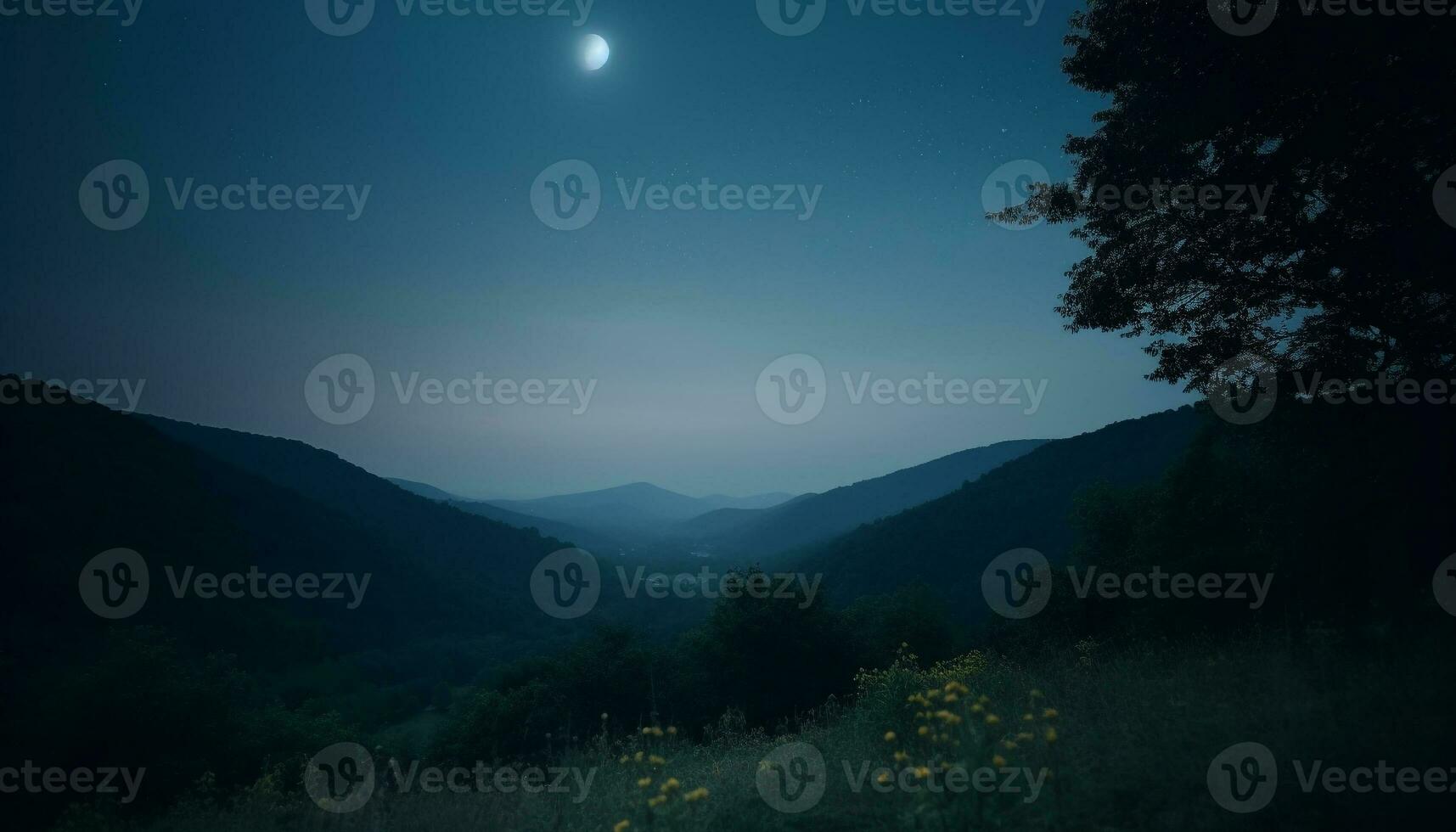 montaña rango silueta retroiluminado por luz de la luna a amanecer generado por ai foto