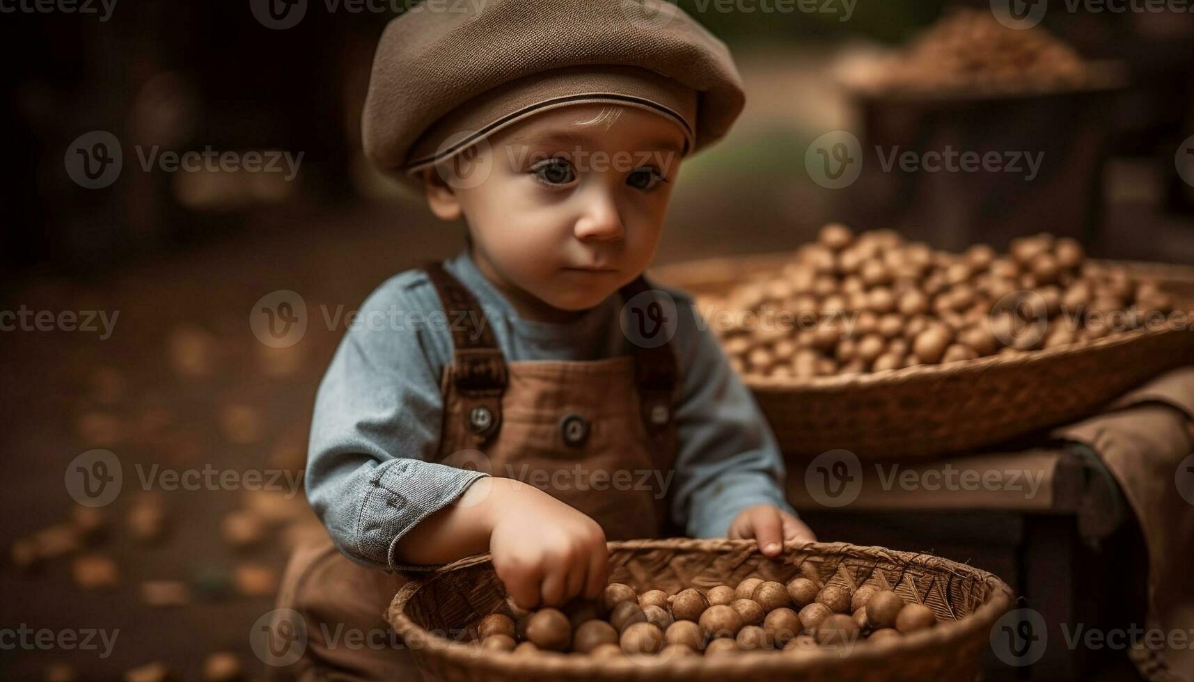 Smiling toddler holds fresh fruit in basket generated by AI photo