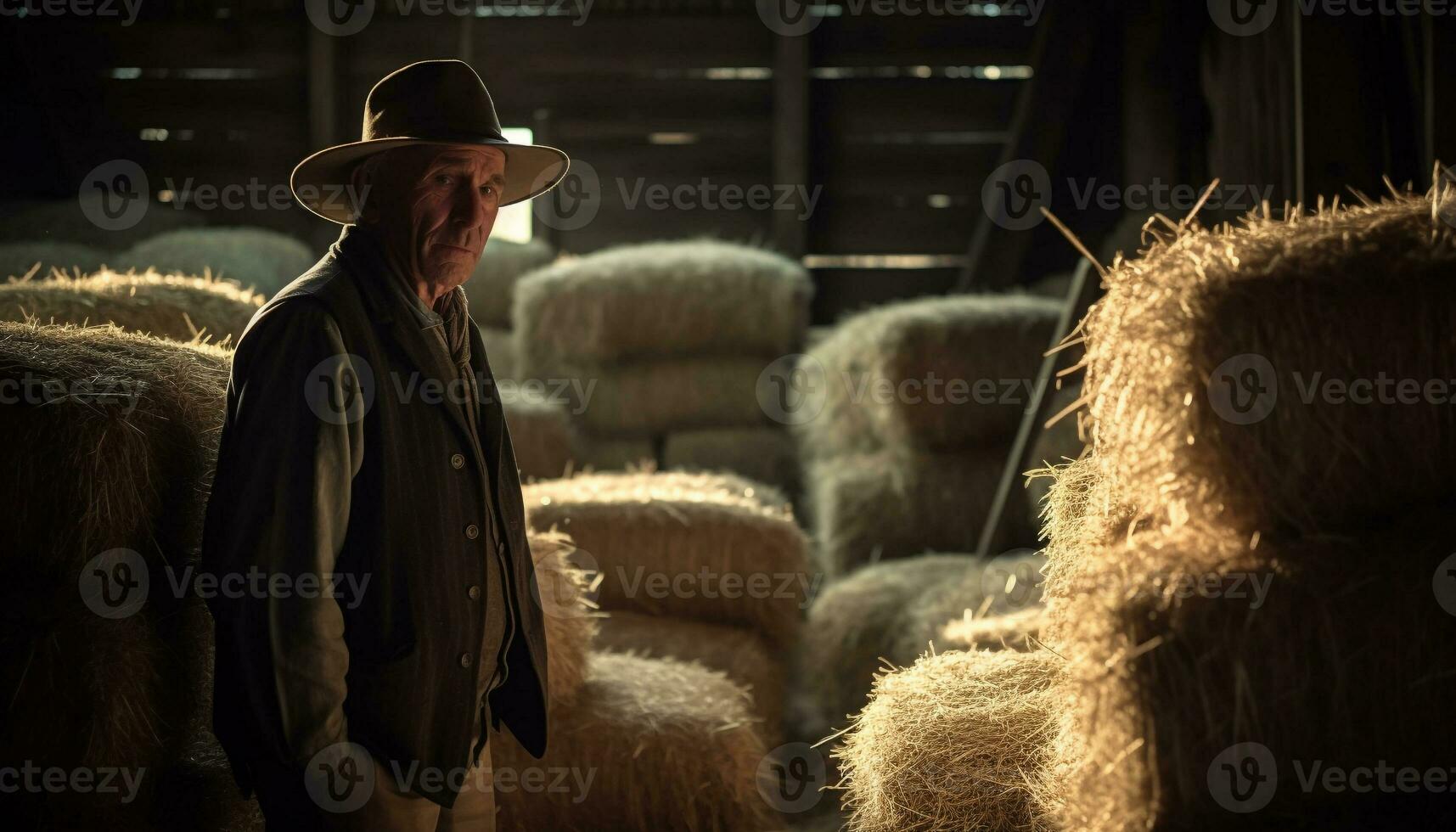 Senior rancher in warm coat harvesting hay generated by AI photo