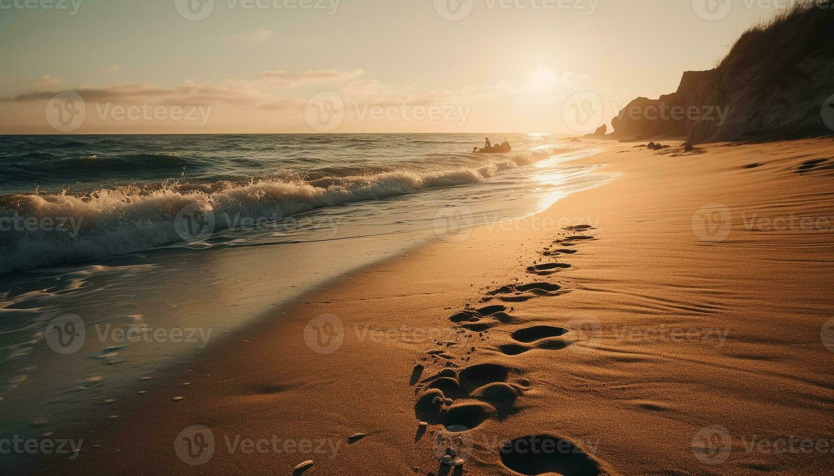 Tranquil scene at waters edge, footprints in sand generated by AI photo
