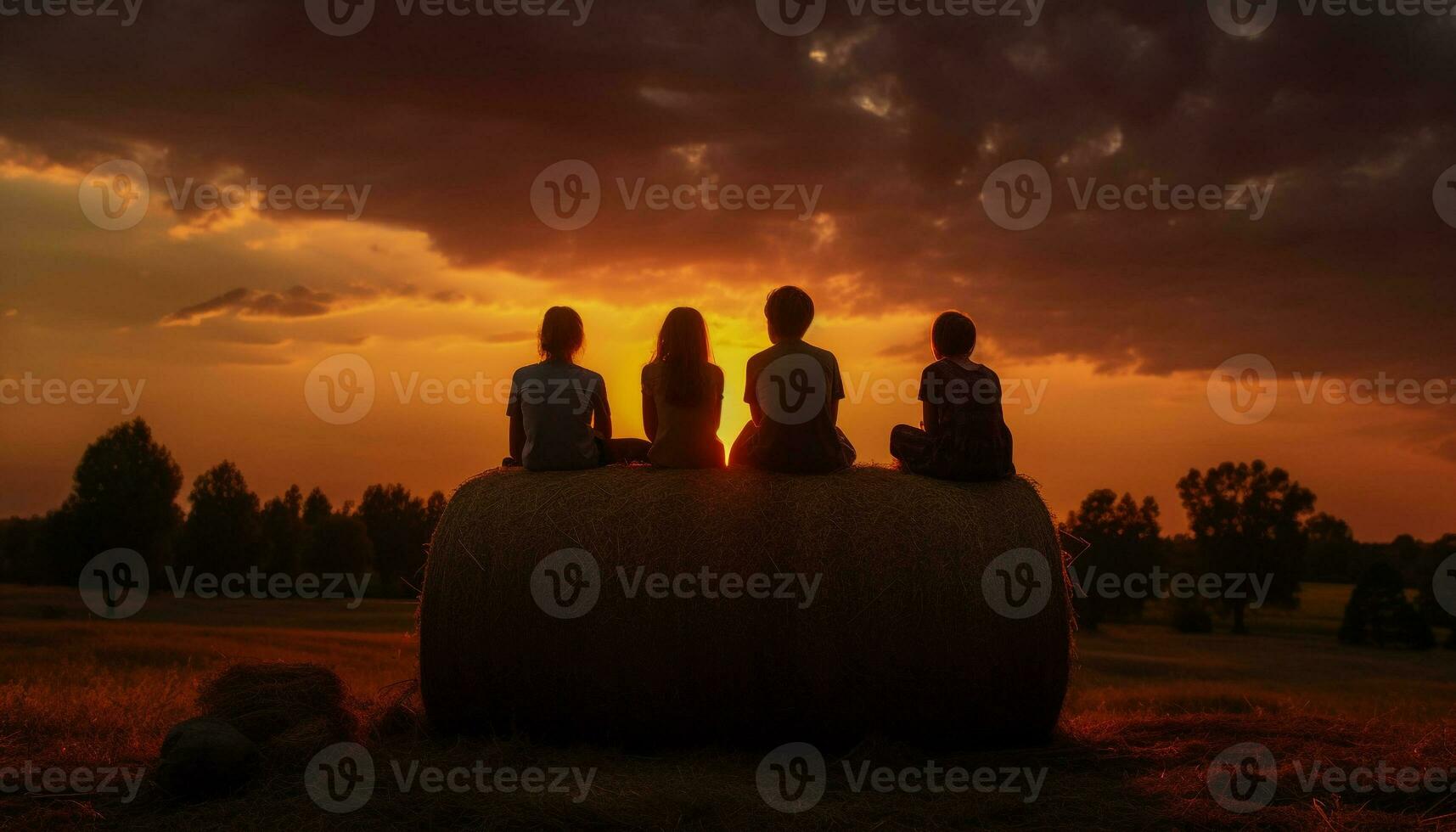 Family sitting on hay, enjoying nature beauty generated by AI photo