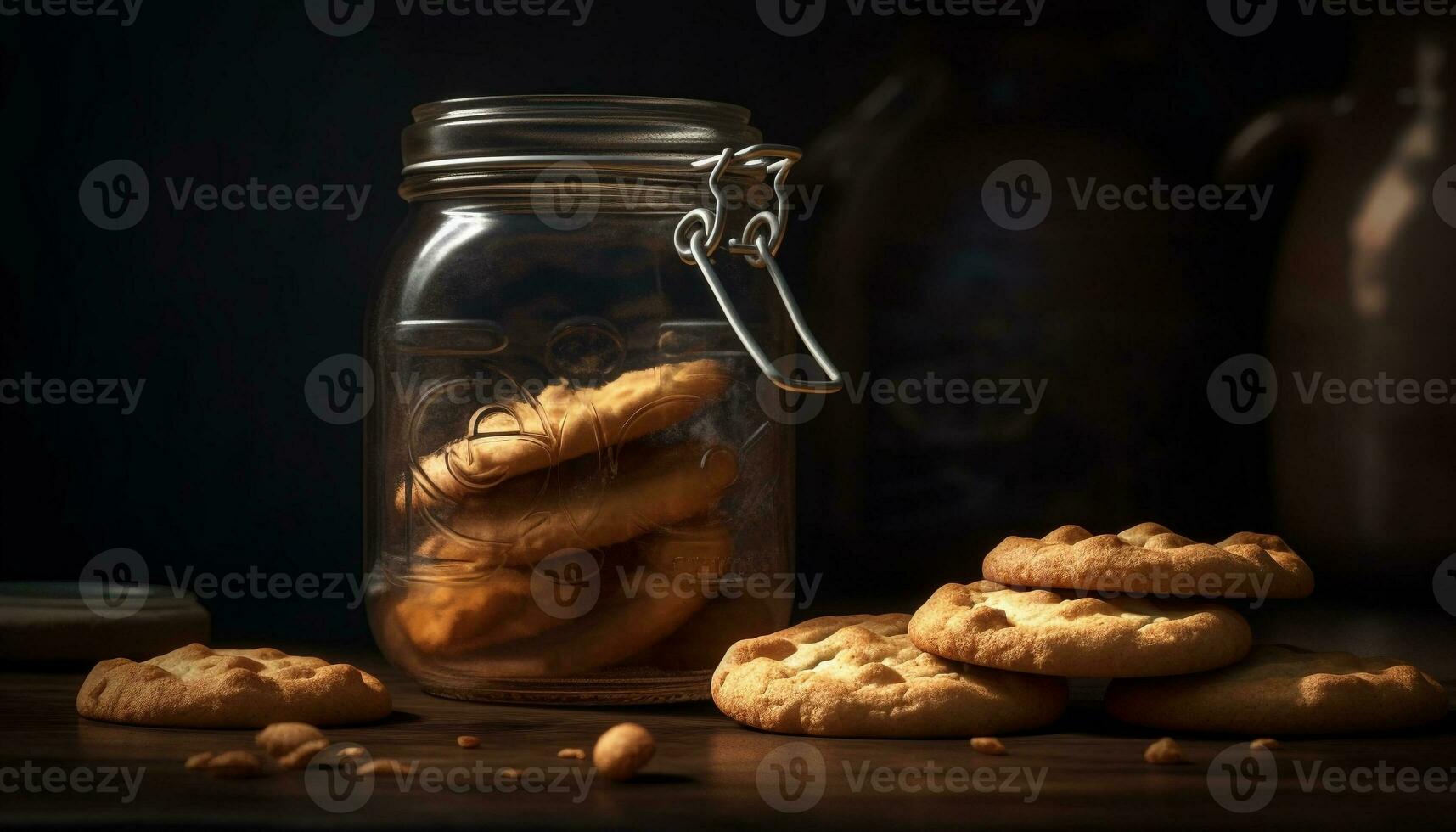 Rustic homemade cookies on wooden table stack generated by AI photo