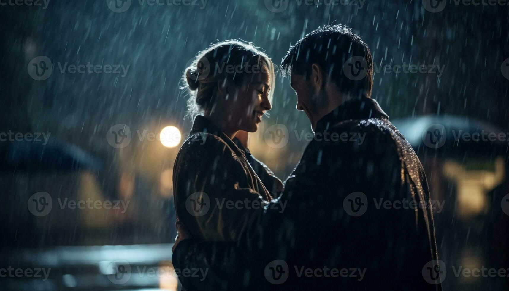 Smiling couple embraces in rain, enjoying love generated by AI photo