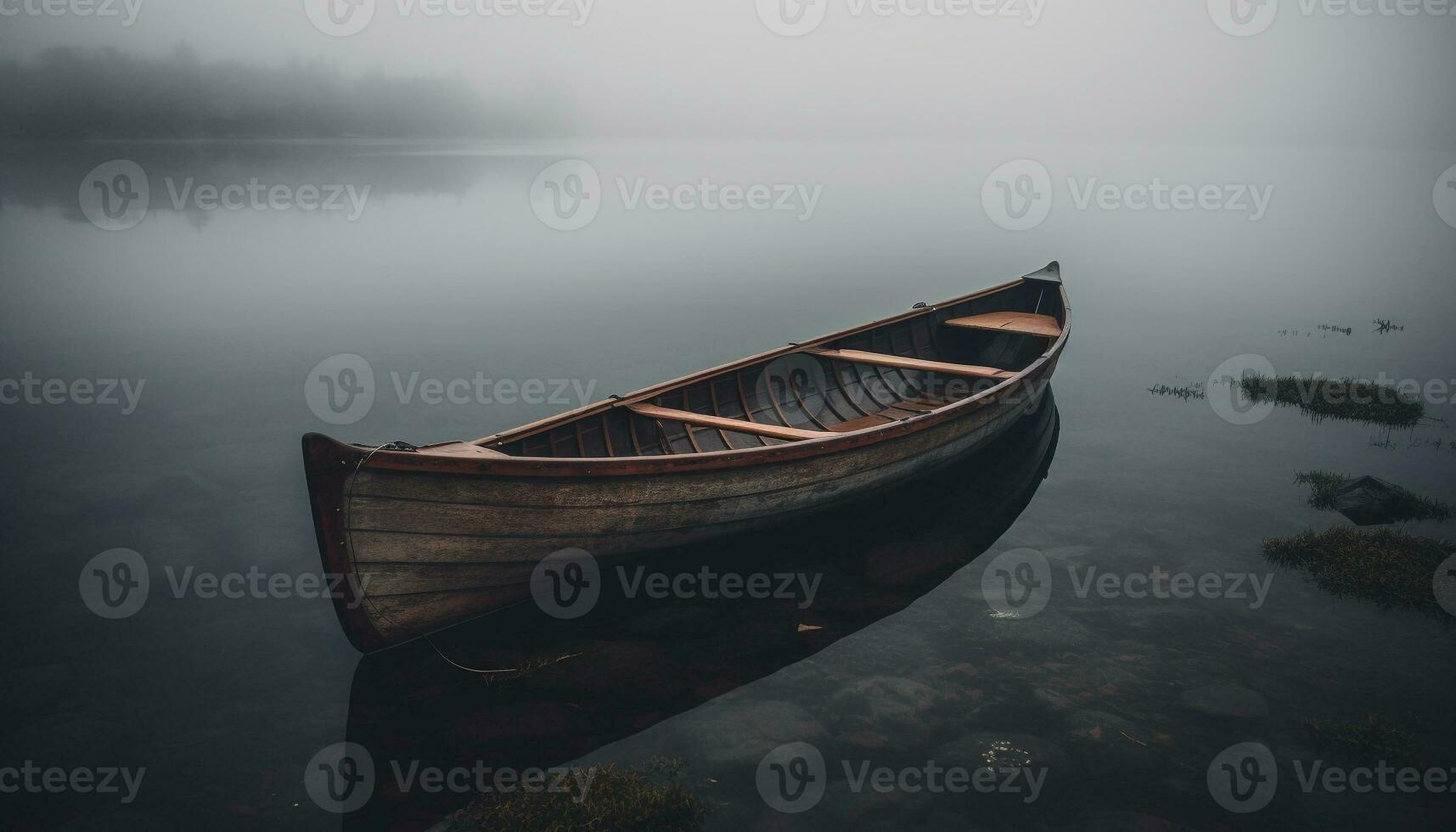 Rowboat glides on tranquil pond, surrounded by nature generated by AI photo