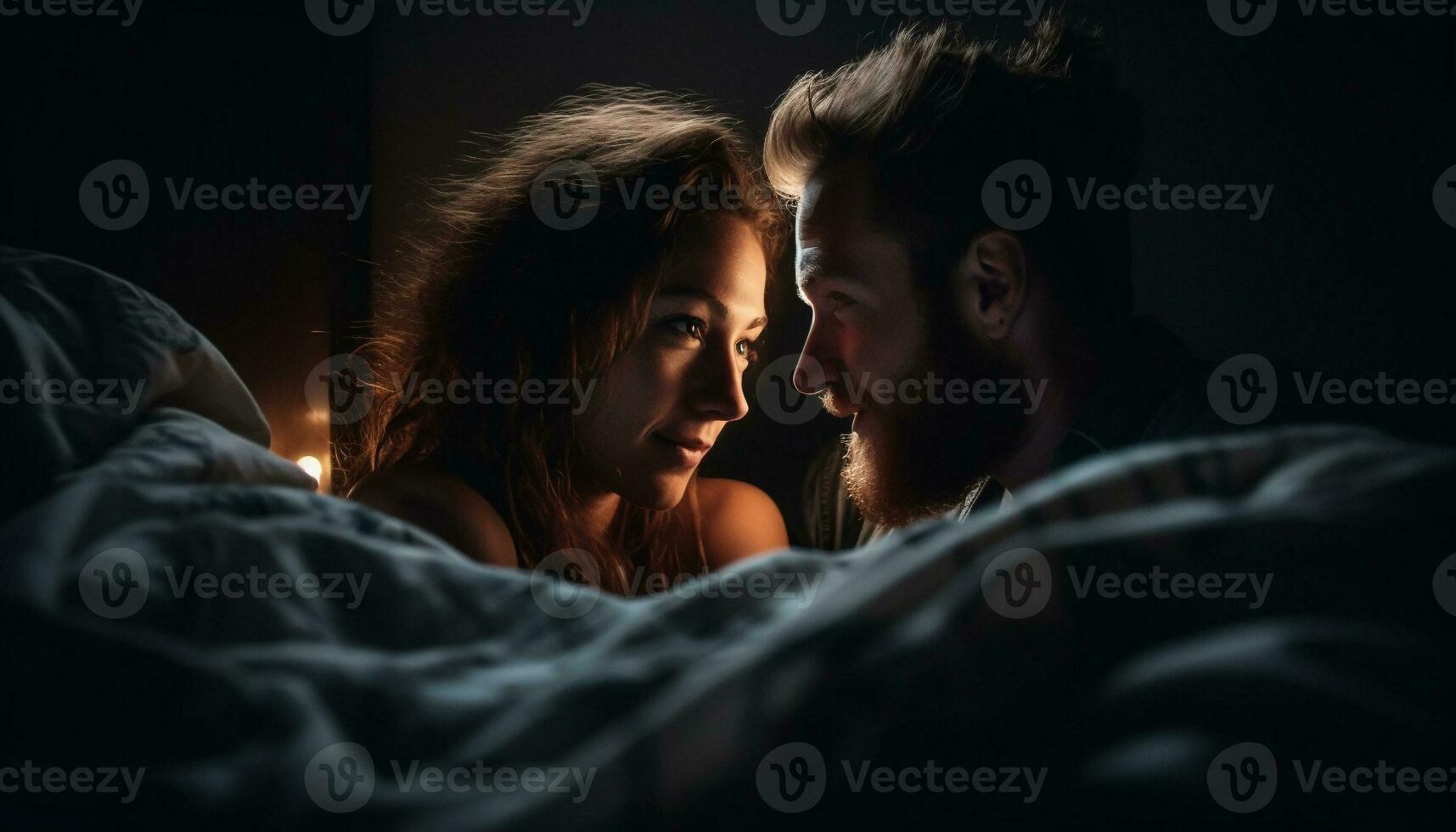 Smiling couple embraces in bed, enjoying togetherness generated by AI photo