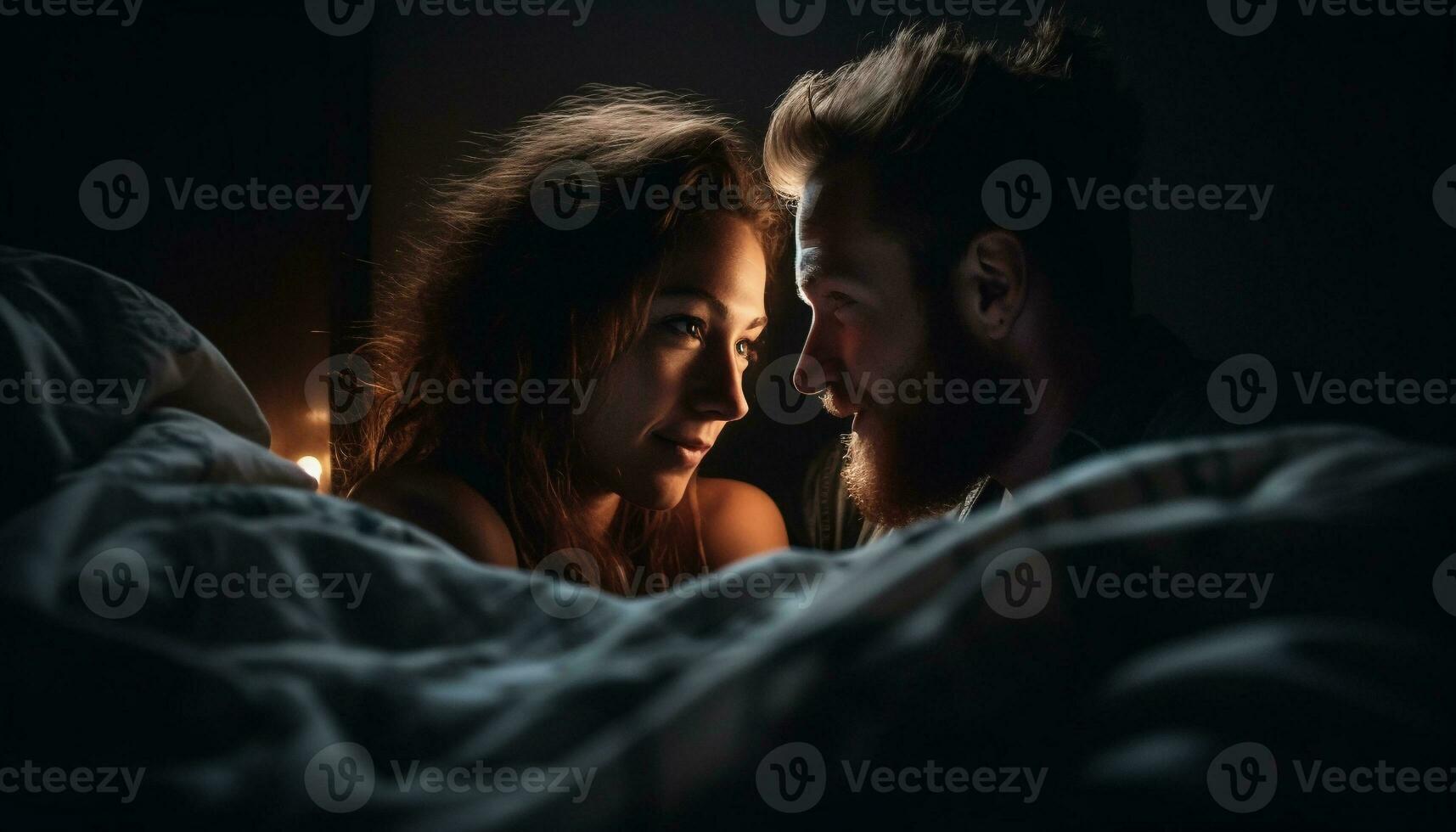 sonriente Pareja abraza en cama, disfrutando unión generado por ai foto