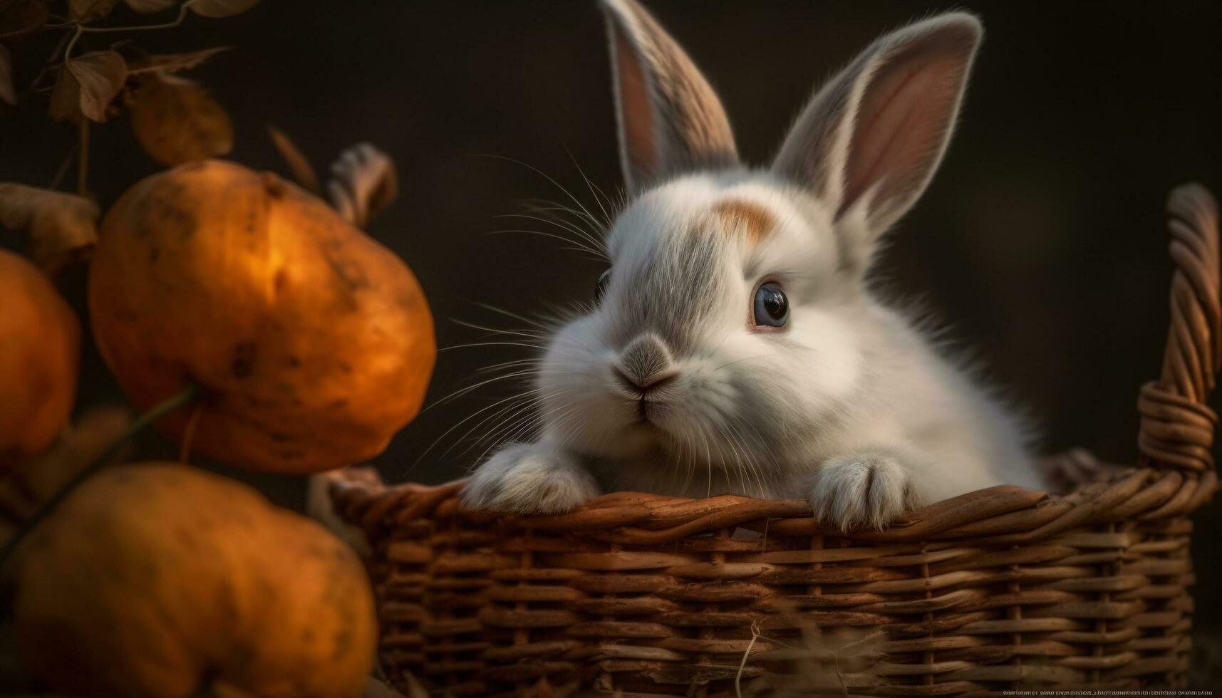 Fluffy baby rabbit sitting in grass field generated by AI photo