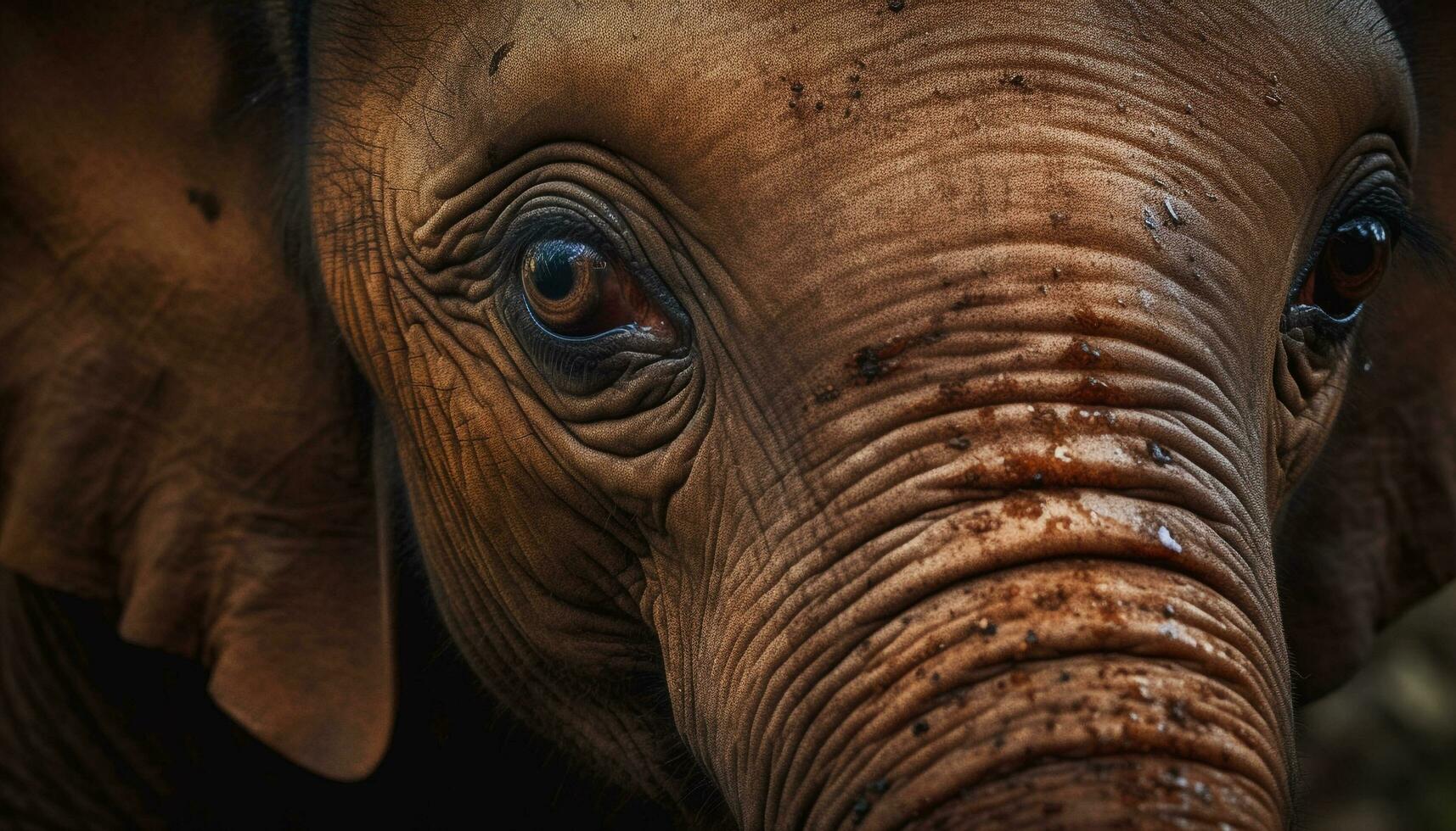 Wrinkled elephant trunk, tusk, and sad eyes generated by AI photo