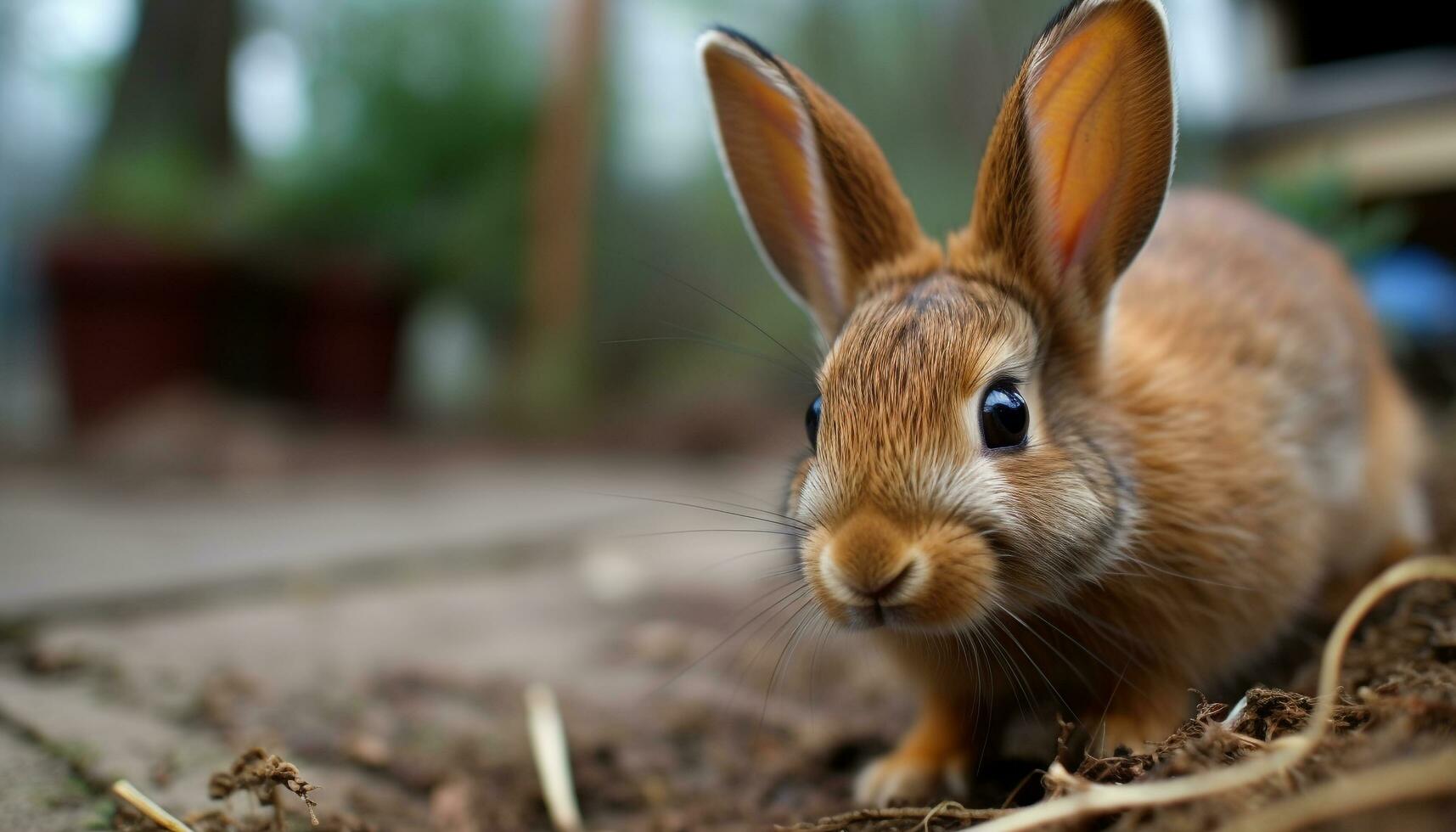 Fluffy baby rabbit sitting in grass meadow generated by AI photo