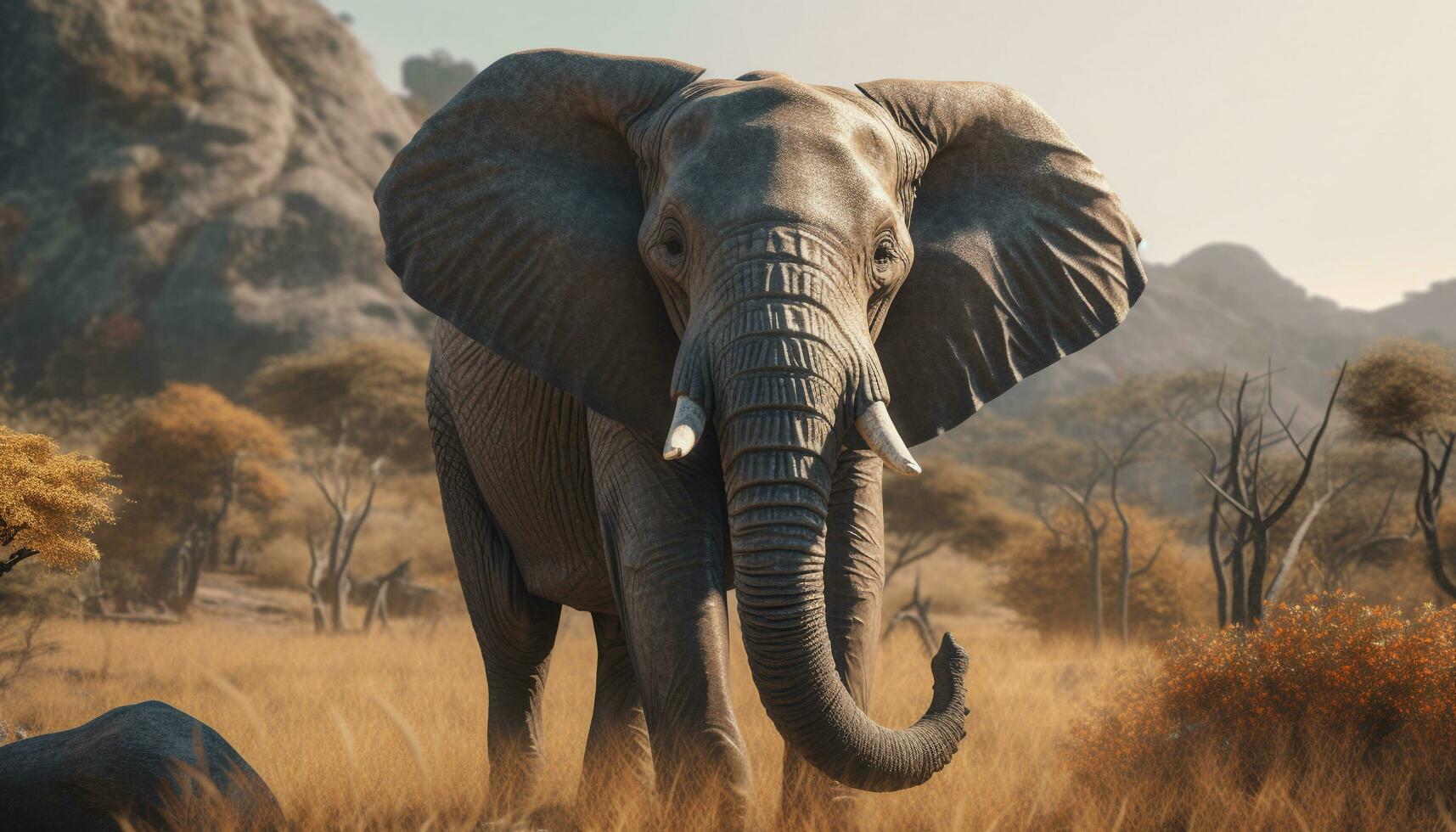 Majestic elephant walking on savannah grassland plain generated by AI photo
