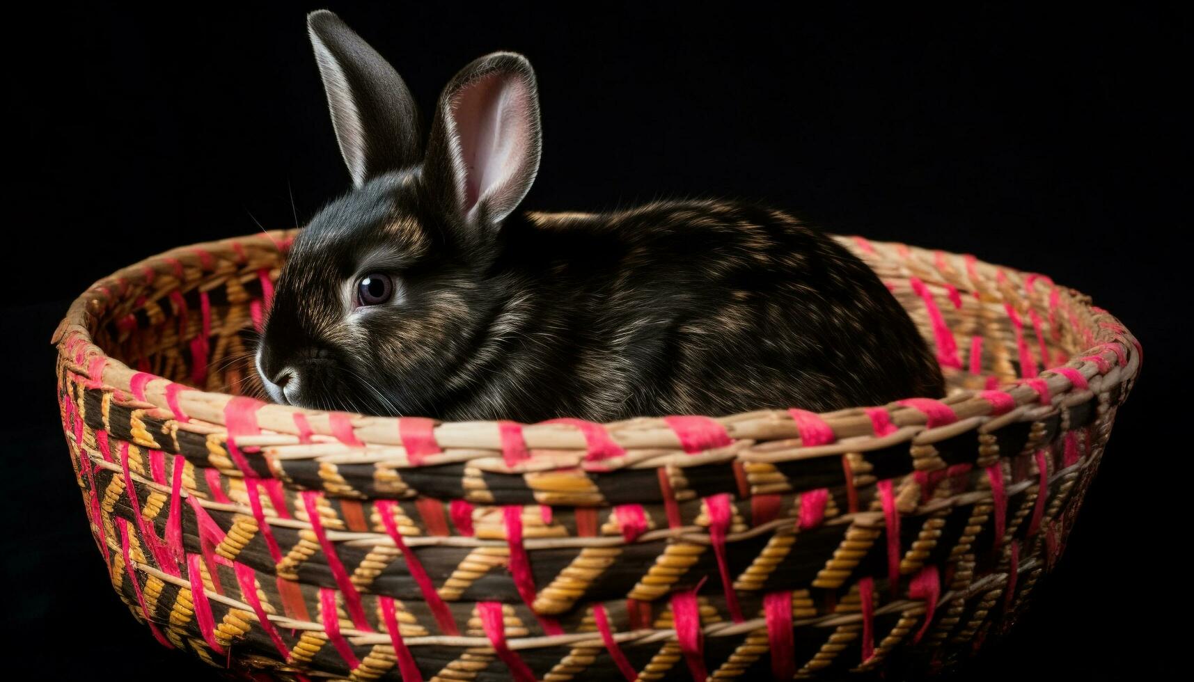 Fluffy baby rabbit sitting in small basket generated by AI photo