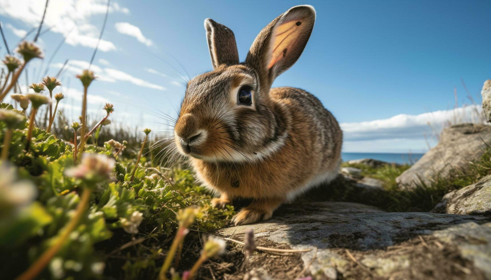 Fluffy baby rabbit sitting in green meadow generated by AI photo