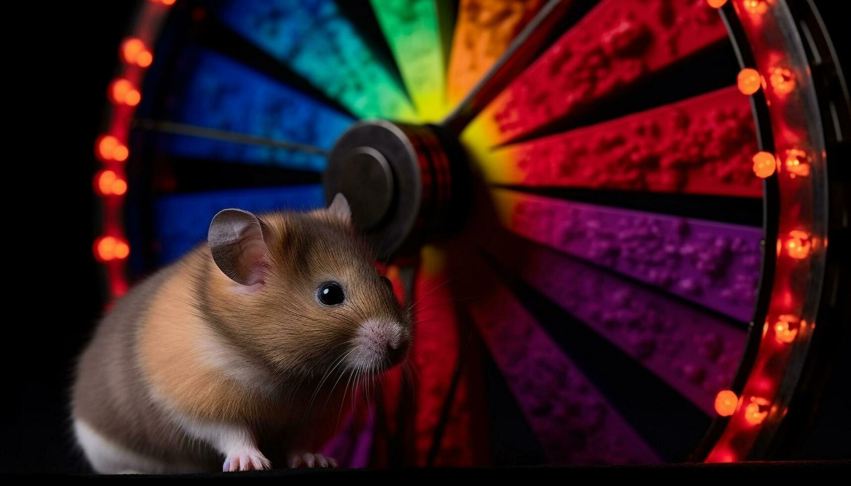 Fluffy small rodent looking playful on wheel generated by AI photo