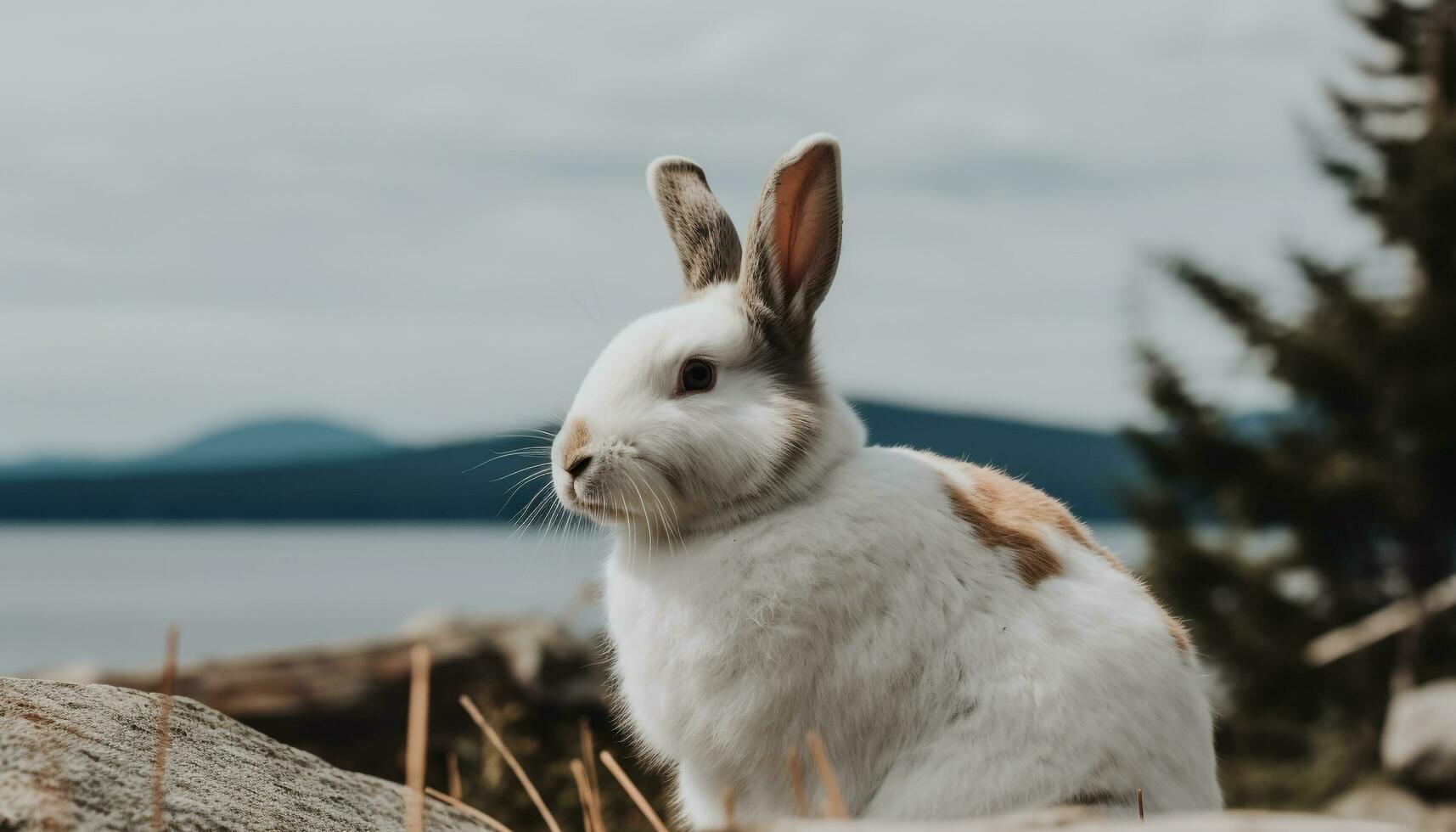 Fluffy young rabbit sitting in grass field generated by AI photo