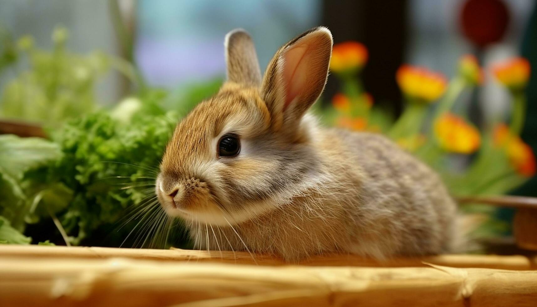 Fluffy baby rabbit sitting in green meadow generated by AI photo