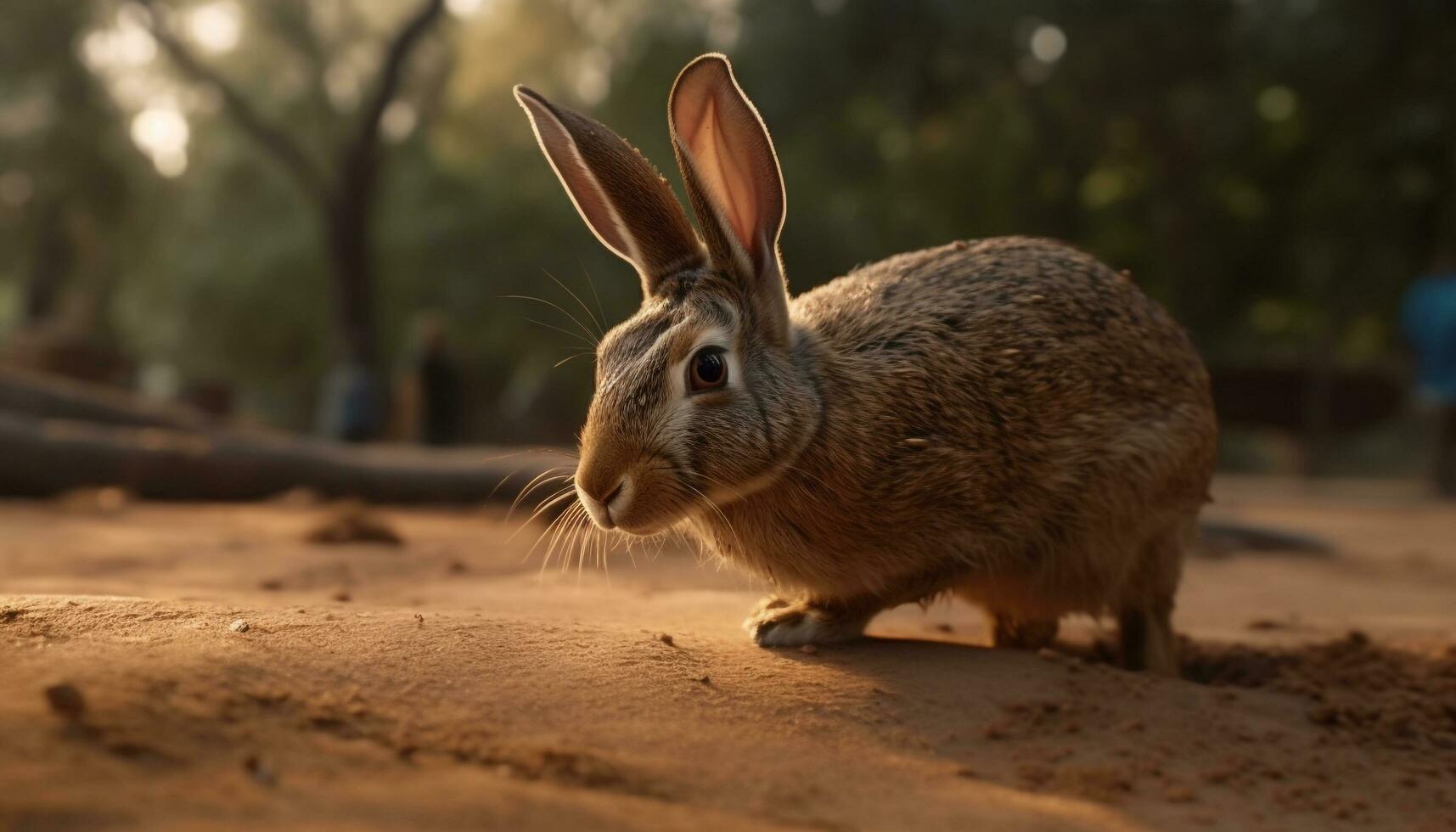 Fluffy young rabbit sitting in grass field generated by AI photo