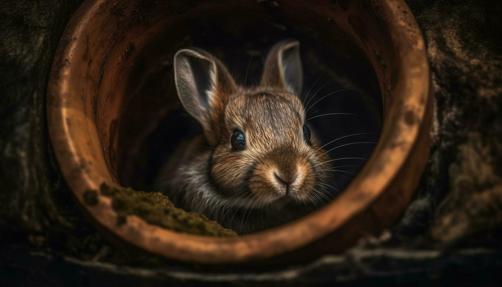 Fluffy baby rabbit sitting in grass field generated by AI photo