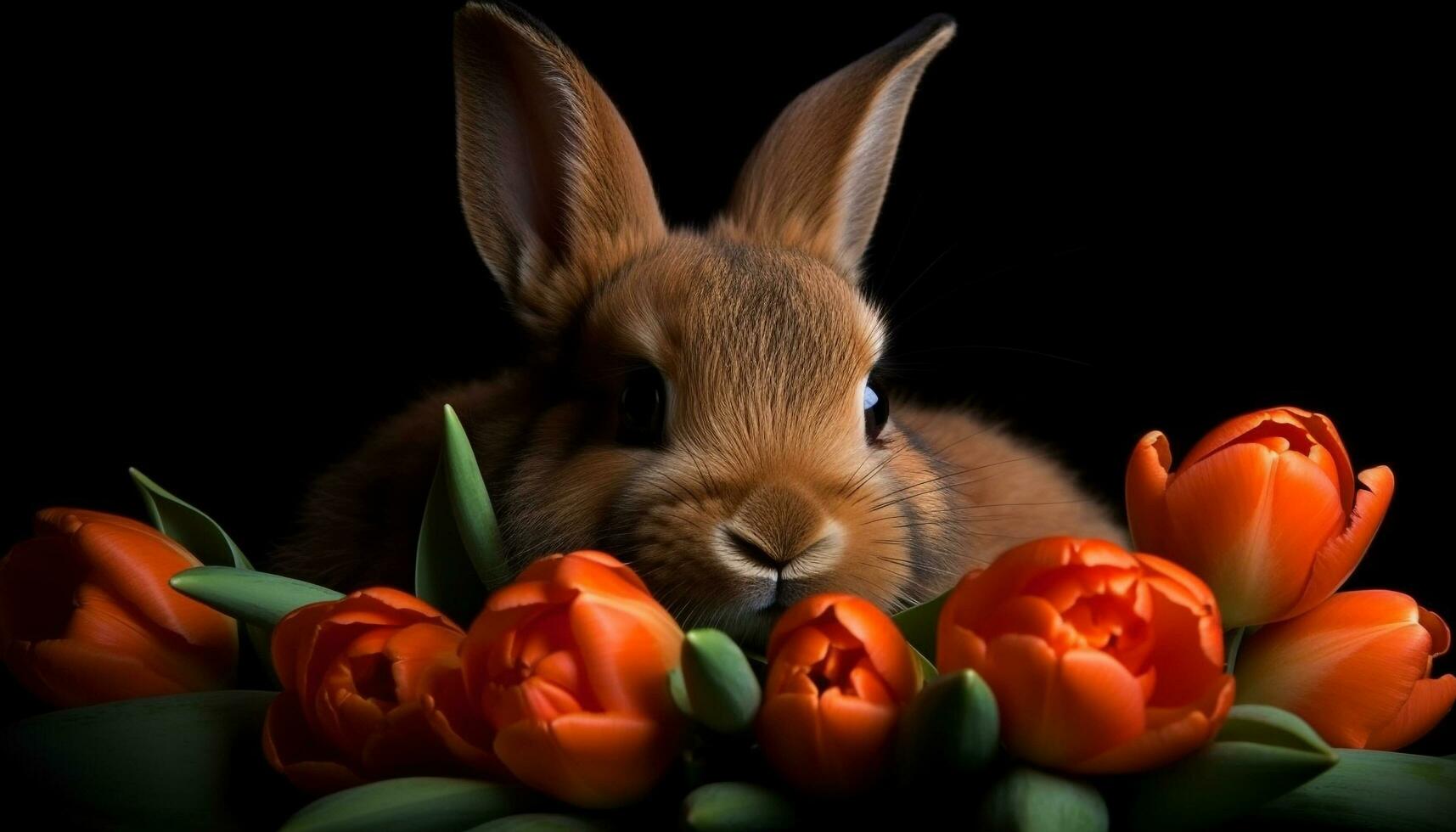 mullido bebé Conejo sentado en tulipán campo generado por ai foto