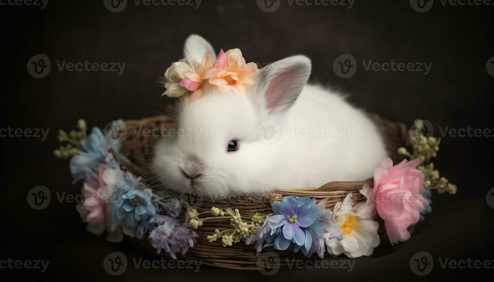 Fluffy baby rabbit in wicker basket surrounded by flowers generated by AI photo