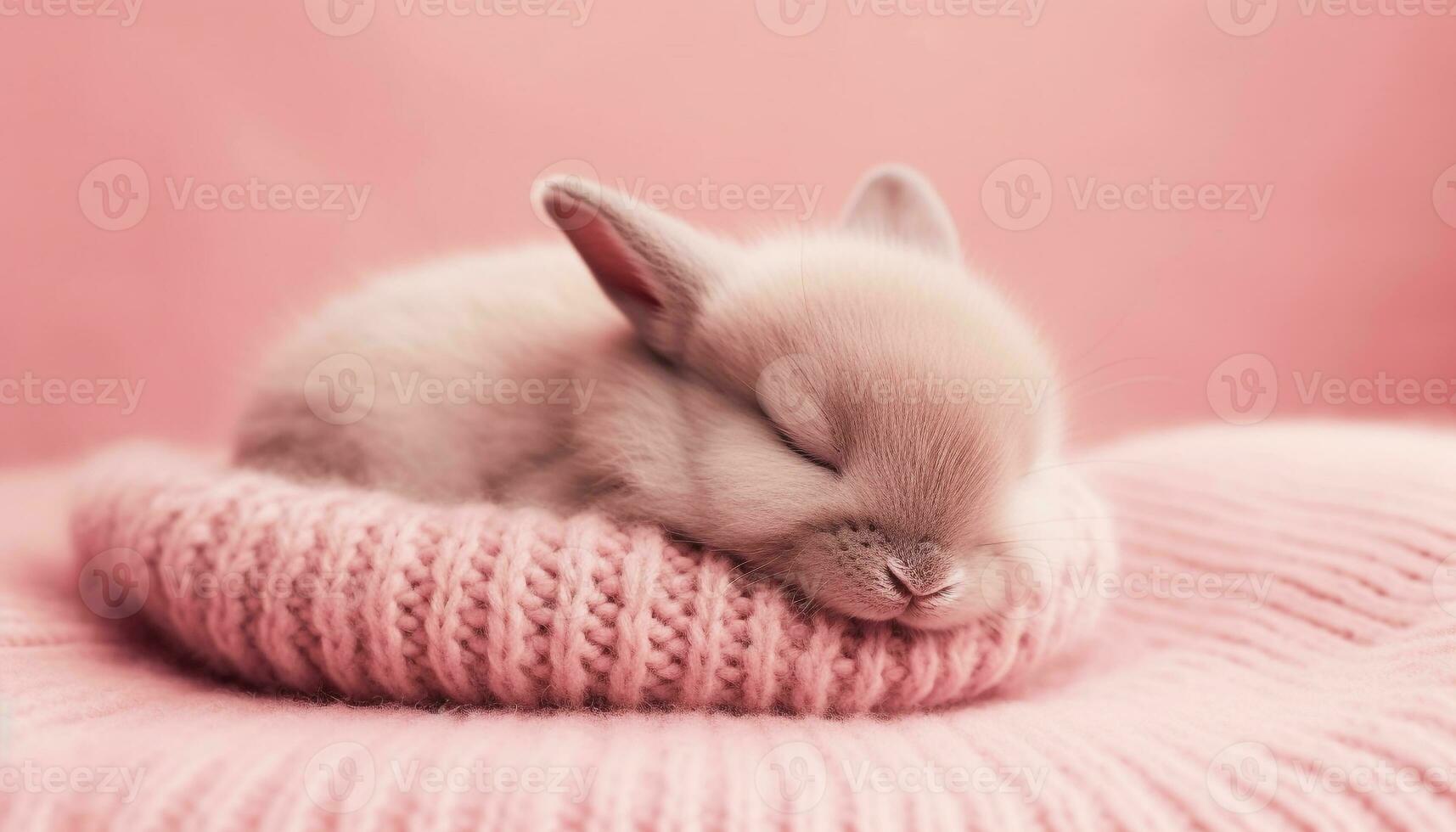 Fluffy pink rabbit sleeping, surrounded by wool generated by AI photo