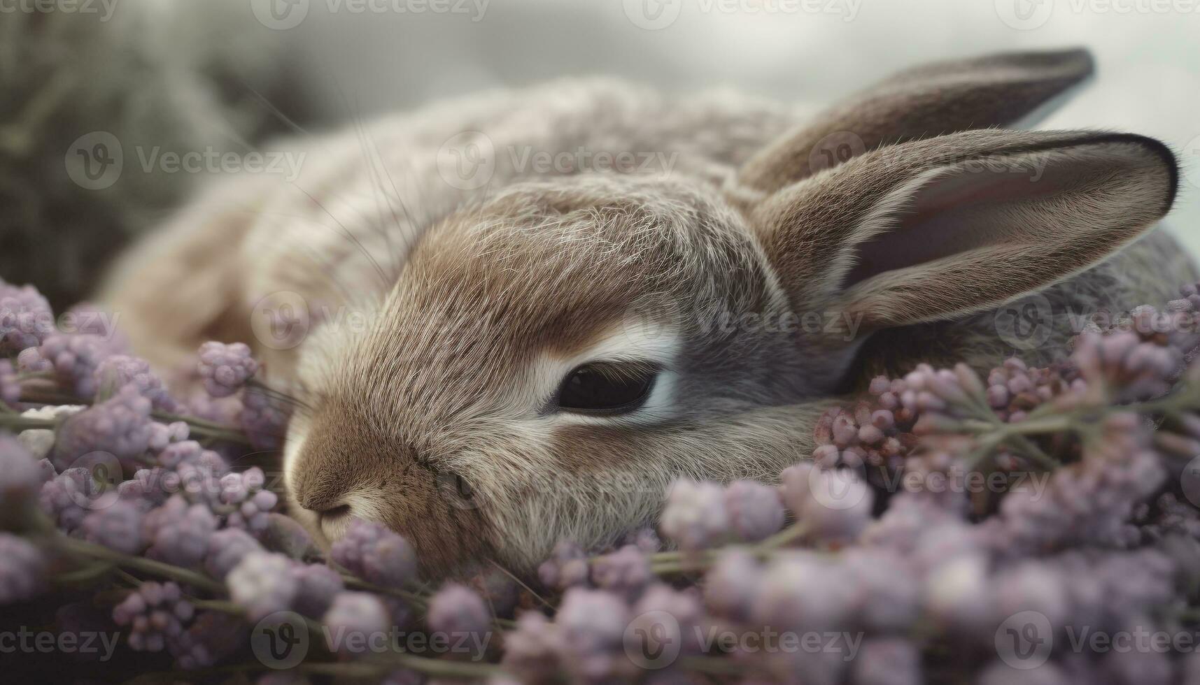 Fluffy baby rabbit sitting in green meadow generated by AI photo
