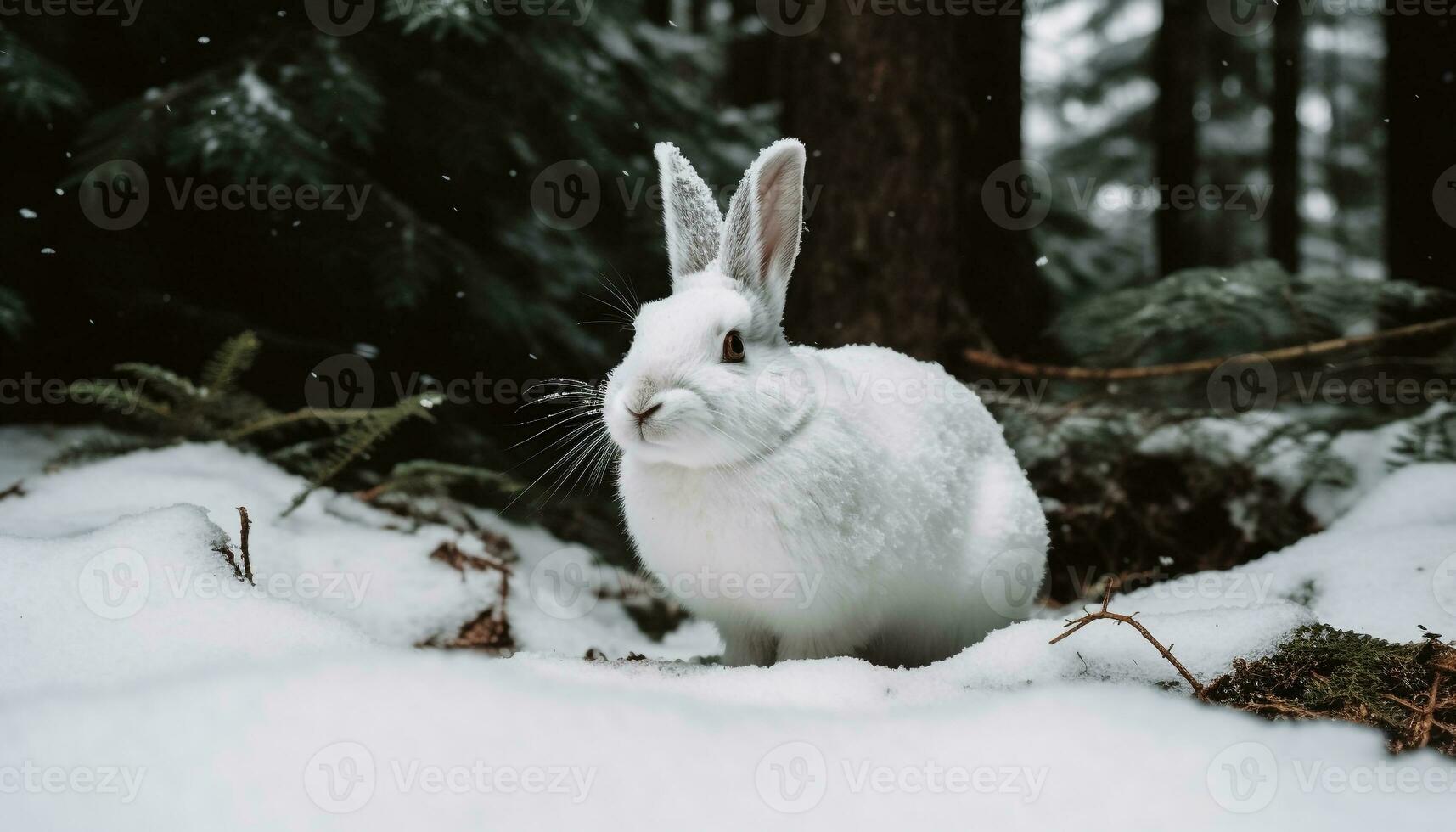 mullido liebre sentado en nieve, mirando linda generado por ai foto