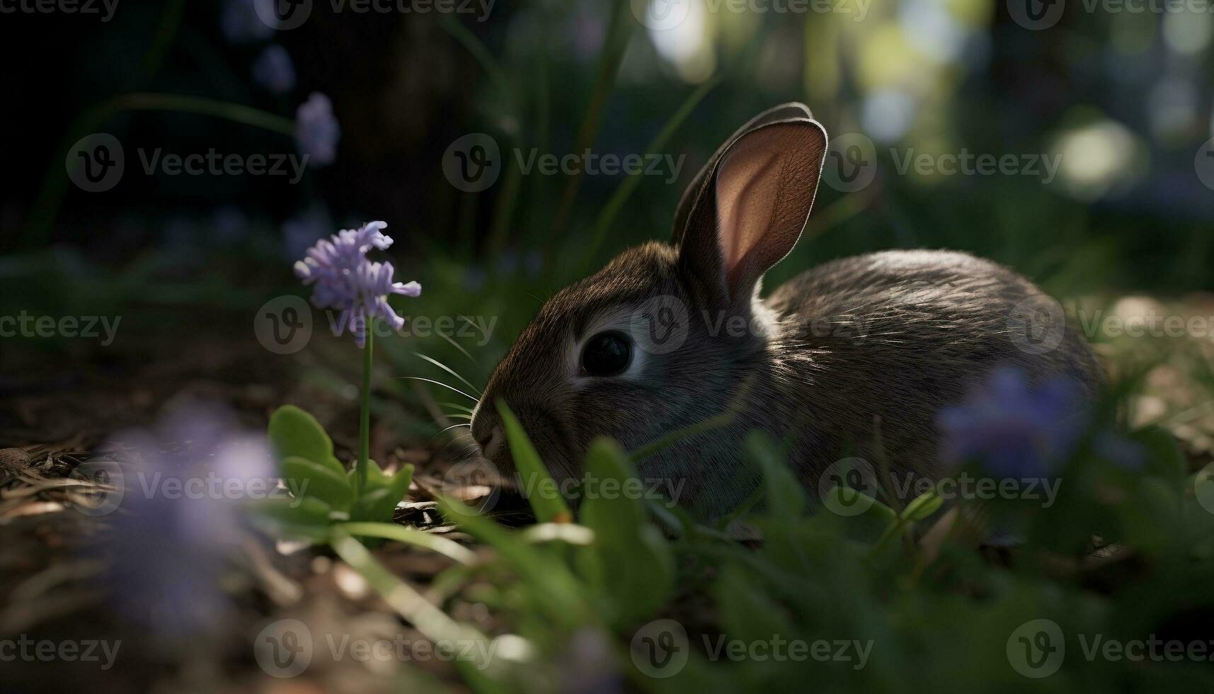 Fluffy baby rabbit sitting in green meadow generated by AI photo