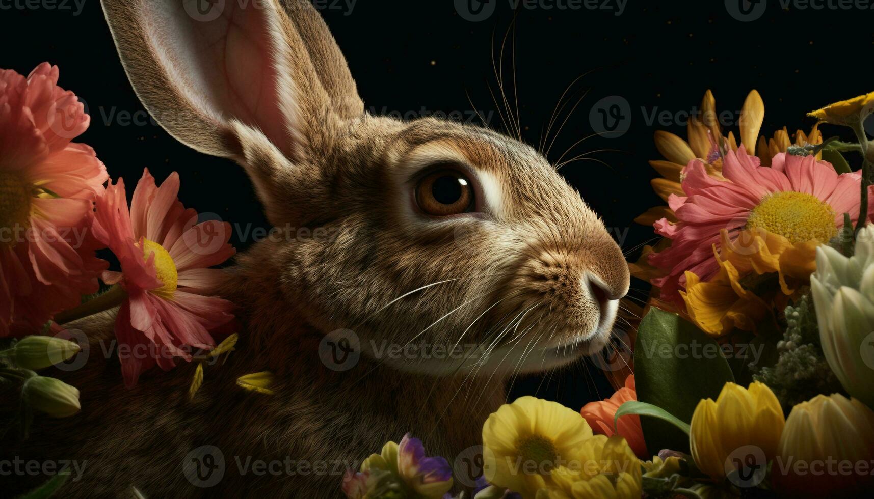 Fluffy baby rabbit enjoys springtime tulip celebration generated by AI photo