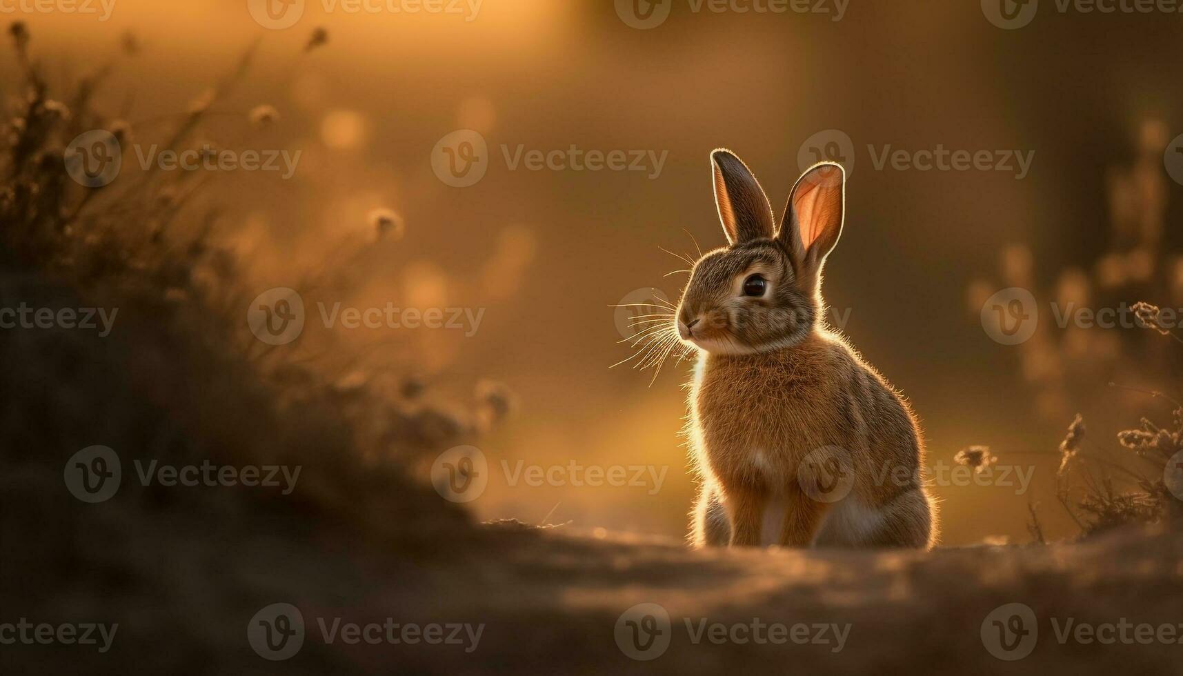 Fluffy rabbit sits in sun on grass generated by AI photo