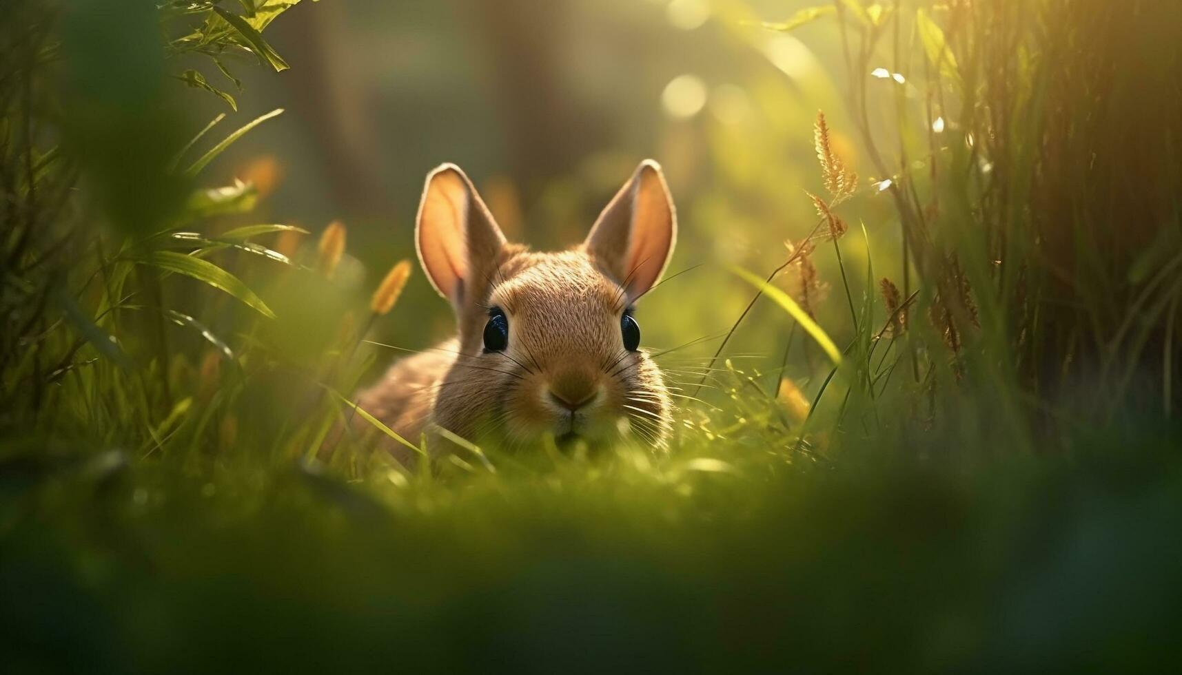 Fluffy baby rabbit sitting in green meadow generated by AI photo