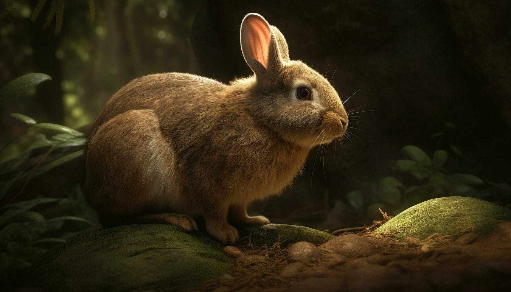 Fluffy young rabbit sitting in green grass generated by AI photo
