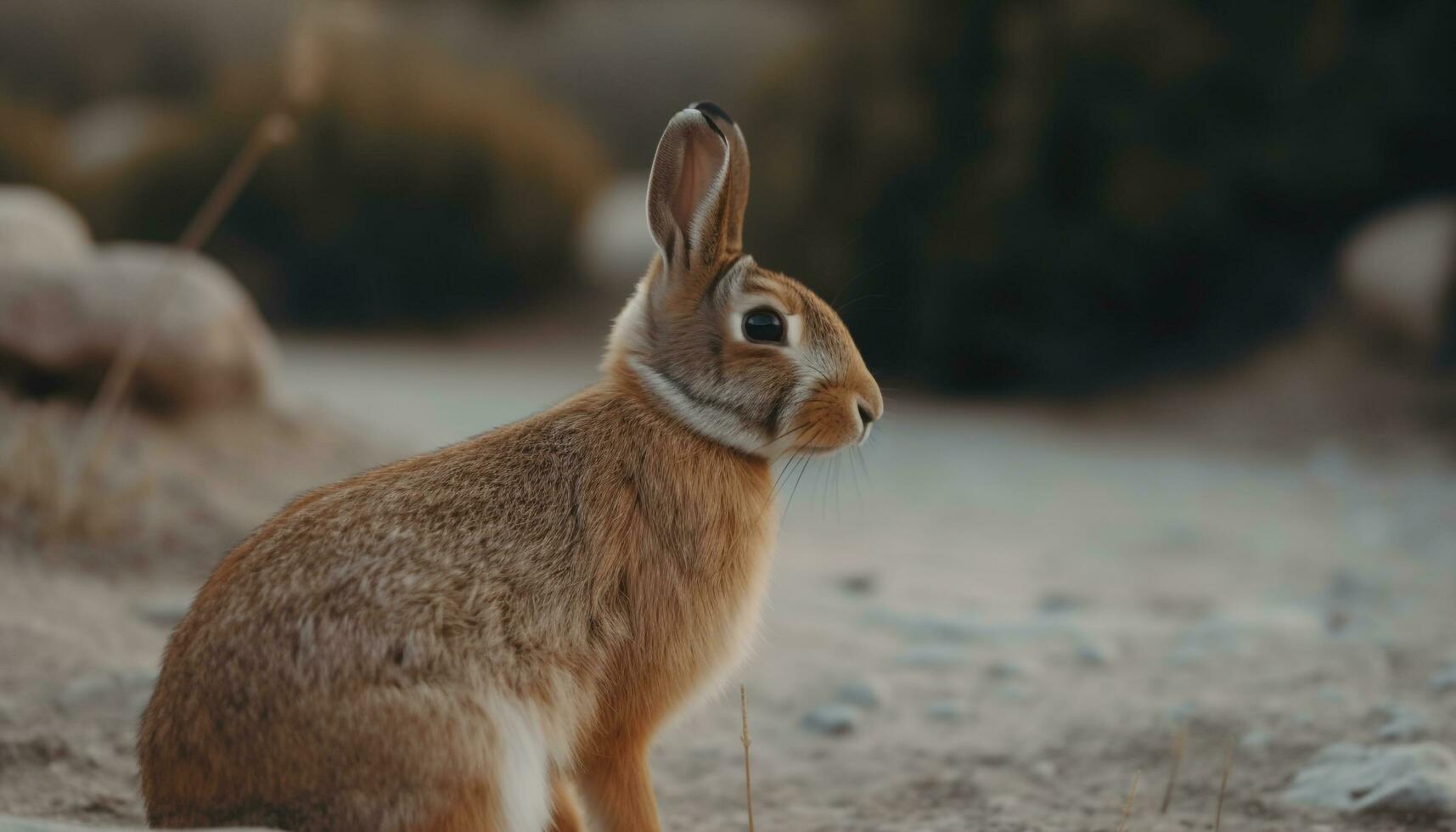 Fluffy rabbit ear in focus, sitting alert generated by AI photo