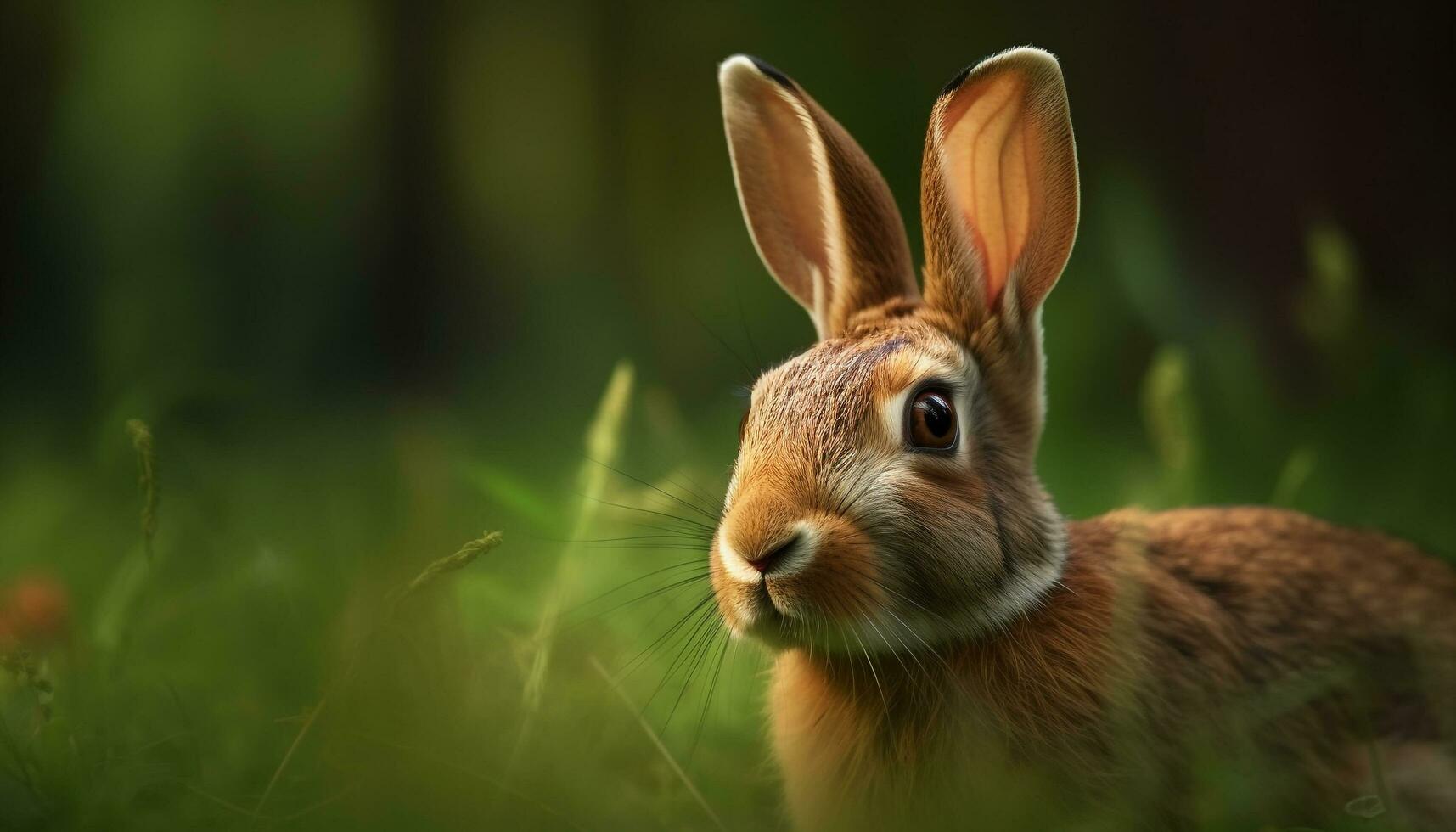 Fluffy baby rabbit sitting in green meadow generated by AI photo