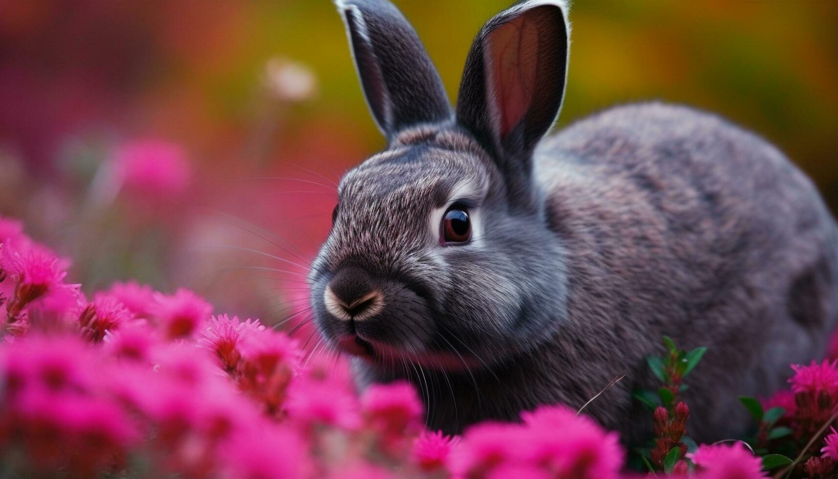 Fluffy baby rabbit sitting in green meadow generated by AI photo