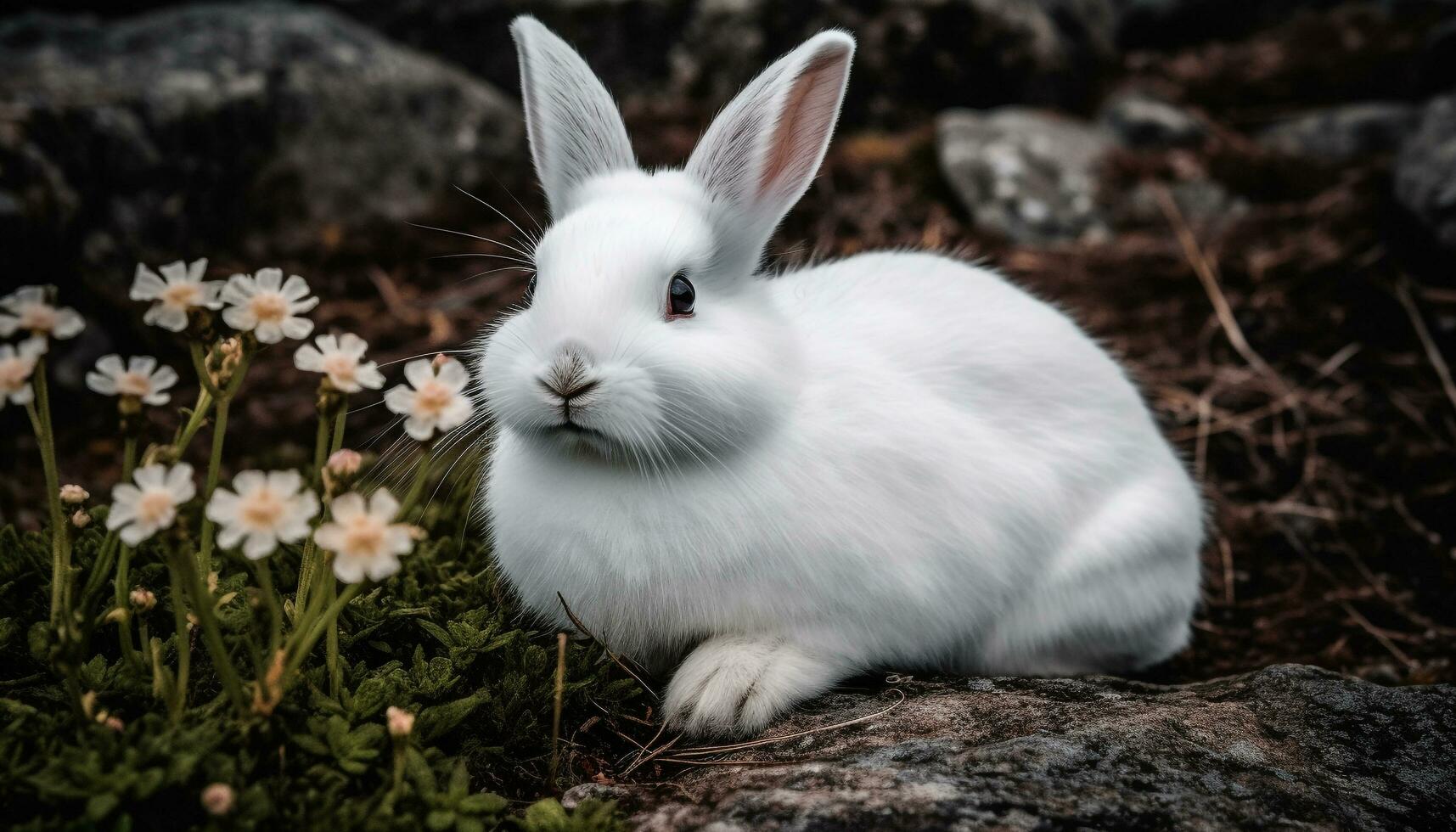 Fluffy baby rabbit sitting in green meadow generated by AI photo