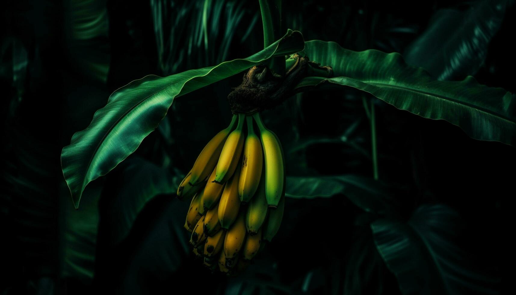 Ripe banana on branch, fresh and organic generated by AI photo