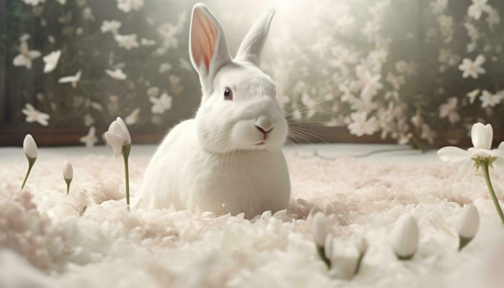 Fluffy baby rabbit sits among springtime flowers generated by AI photo