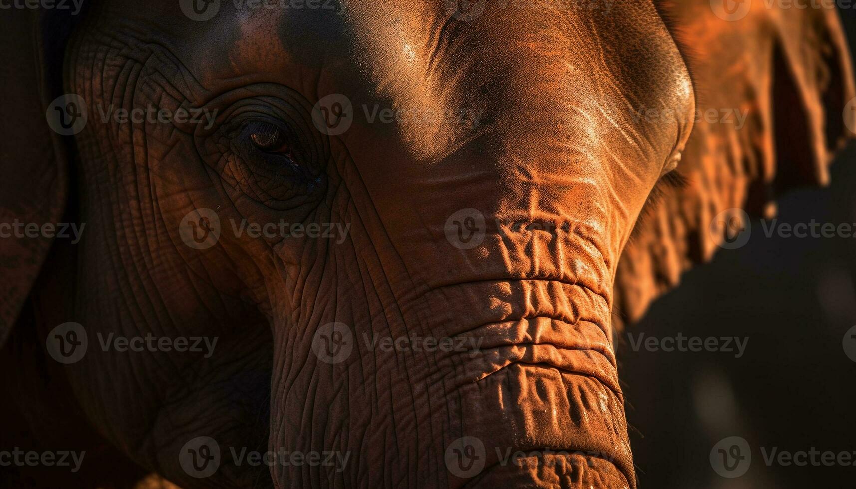 Wrinkled elephant trunk, tusk, and eye close up generated by AI photo